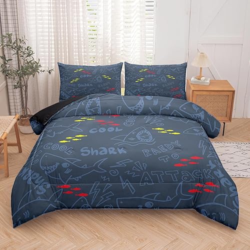 Miniatura 3 de NINENINE Juego de ropa de cama de tiburón para niños, juego de ropa de cama de tiburón con 1 edredón y 1 funda de almohada