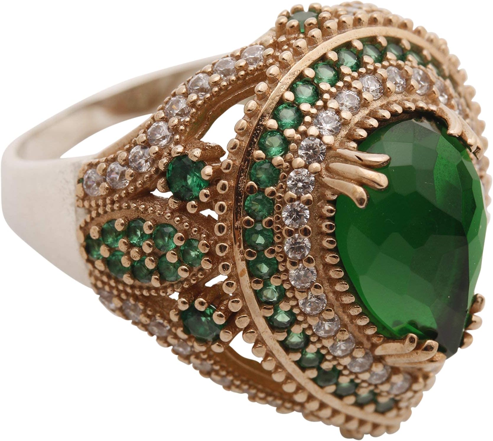 Turkish Ottoman Style Sultan's Collection Jewelry Drop Shape Pear Cut Emerald and Round Cut Topaz 925 Sterling Silver Ring Size All