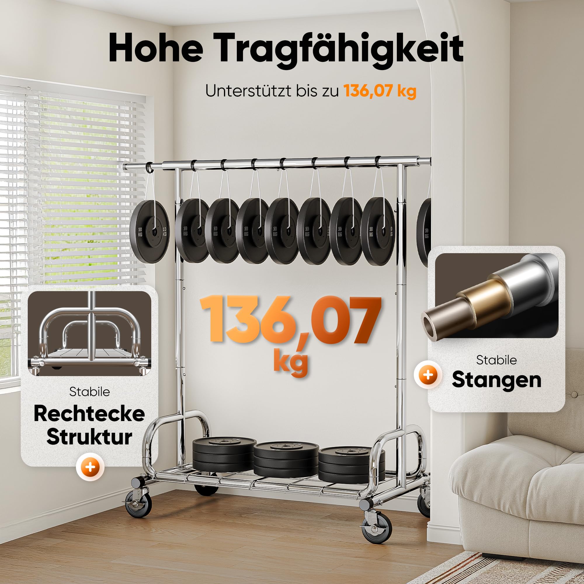 HOKEEPER Coat rack on wheels, load capacity of 300 pounds, heavy coat rack, extendable clothes rail for hanging