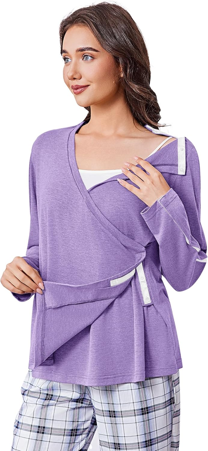 Deyeek Women's Post Shoulder Surgery Shirts Long Sleeve V-Neck Wrap Chemo Blouse Easy Access Adaptive Snap On Dialysis Shirts