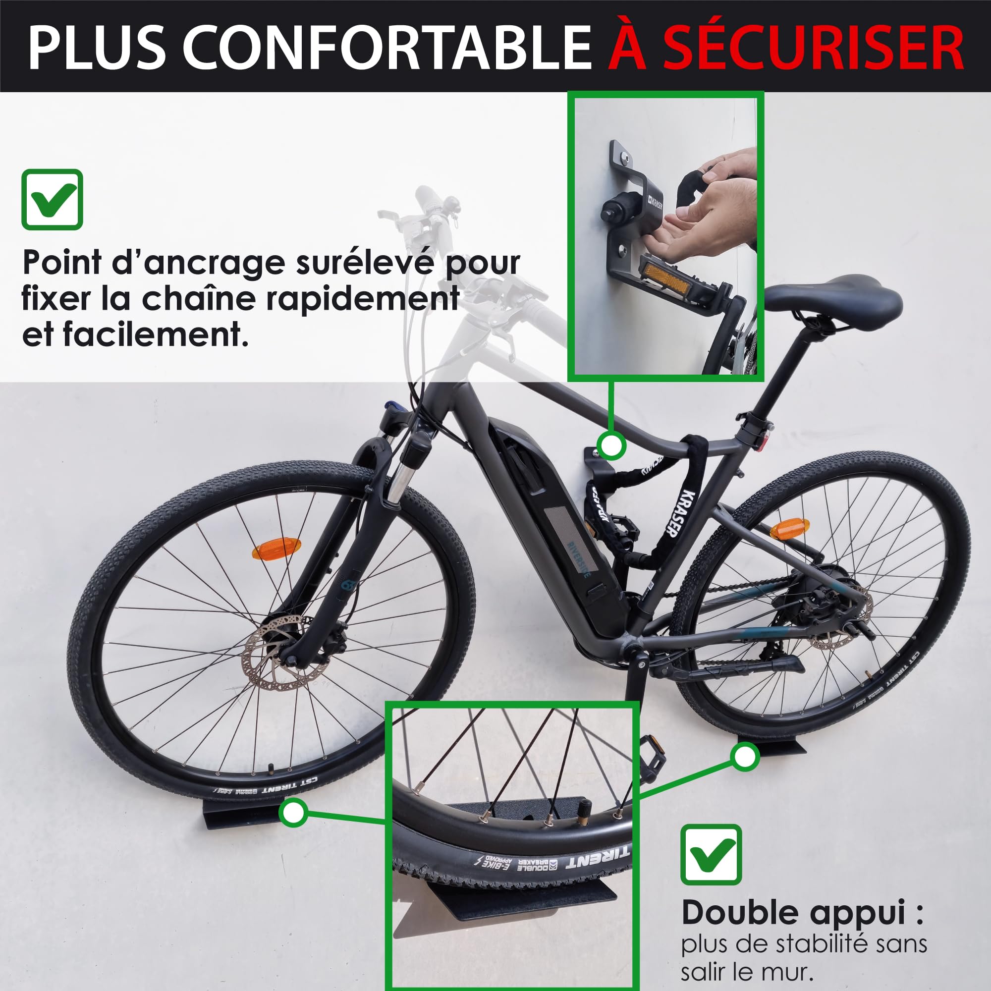 KRASER KR42P Support Velo Mural avec Ancrage Antivol 2en1 | Fixation par Pédale avec Point pour Chaîne | Double Appui Roue, Acier Renforcé 5 mm | Ancrage Mural Compatible Garage Vélo Électrique VTT