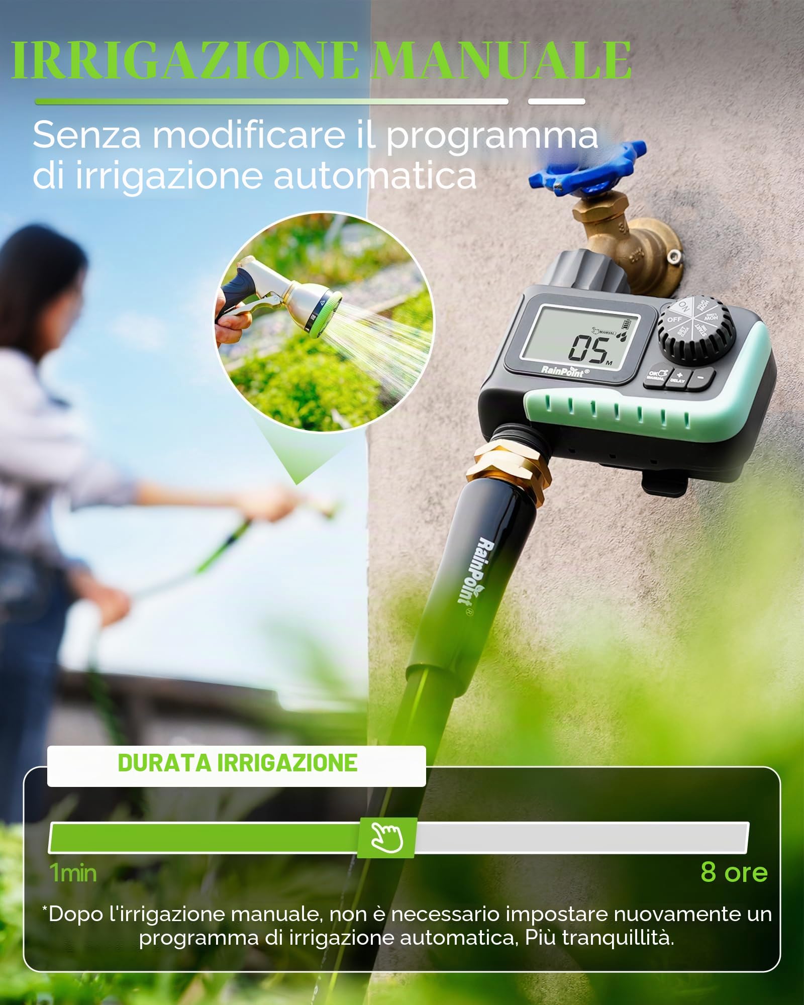 RAINPOINT Timer Irrigazione con Irrigazione Automatica, Programmatore Irrigazione con Ritardo Pioggia, Display LCD Centralina Irrigazione per Serra da Giardino Blu