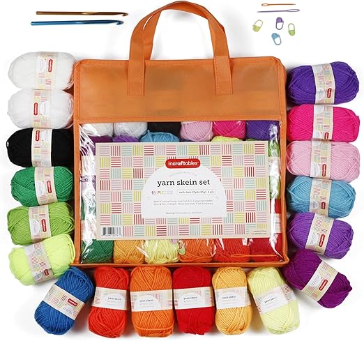 Incraftables Assorted Acrylic Yarn Skeins Set. Crochet Yarn Set w/ 18pcs Skein Bundle (22 Yards), Crochet Hooks, Needles, Stitch Markers & Bag. Variety Pack Kit for Amigurumi & Crocheting Project