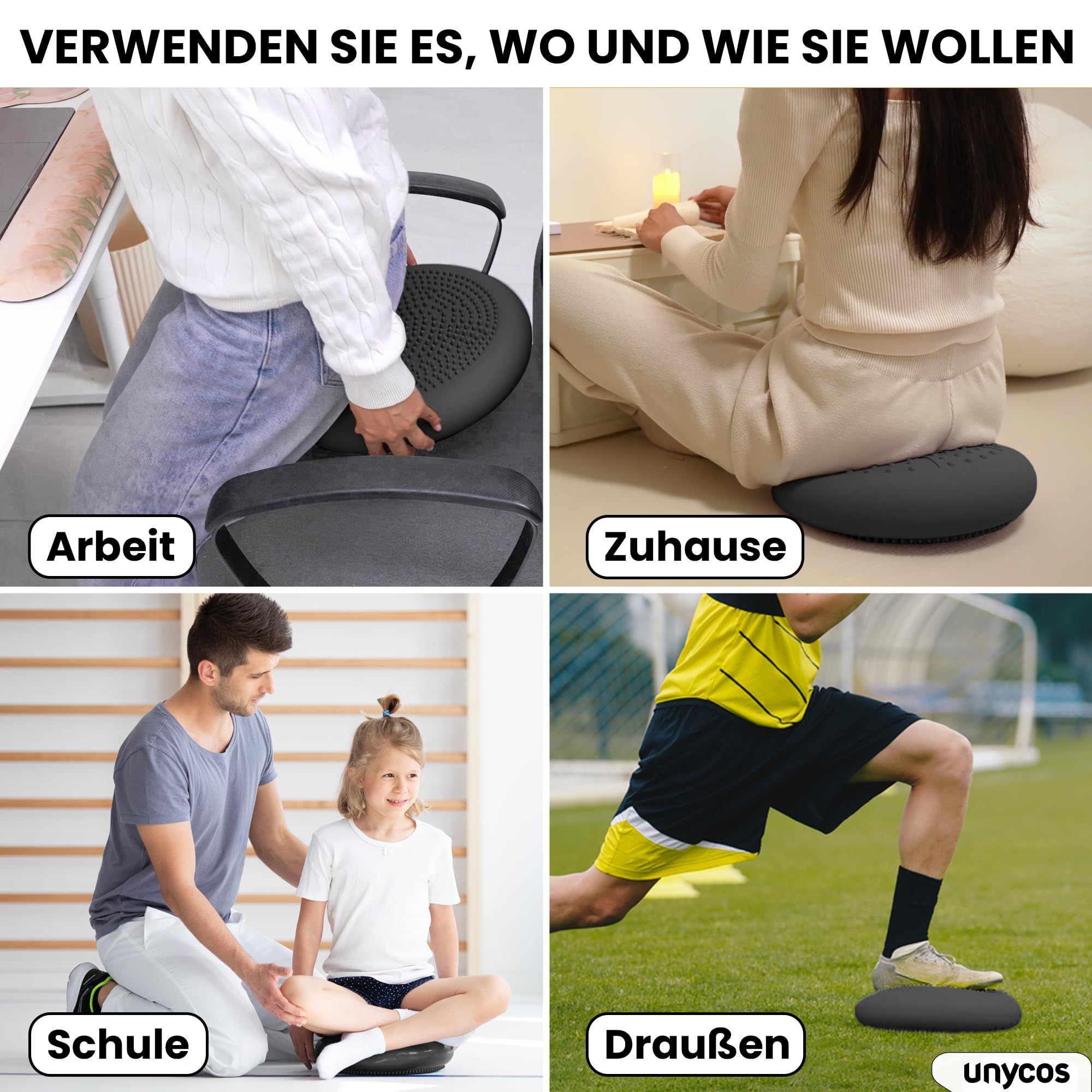 unycos - Ballsitzkissen Ø33 cm inklusive Pumpe, Noppenkissen, Luftkissen, Anti-Burst Sitzkissen, Balancekissen, Core, Rücken, Fitness Koordinations und Rückentraining (PureZen)