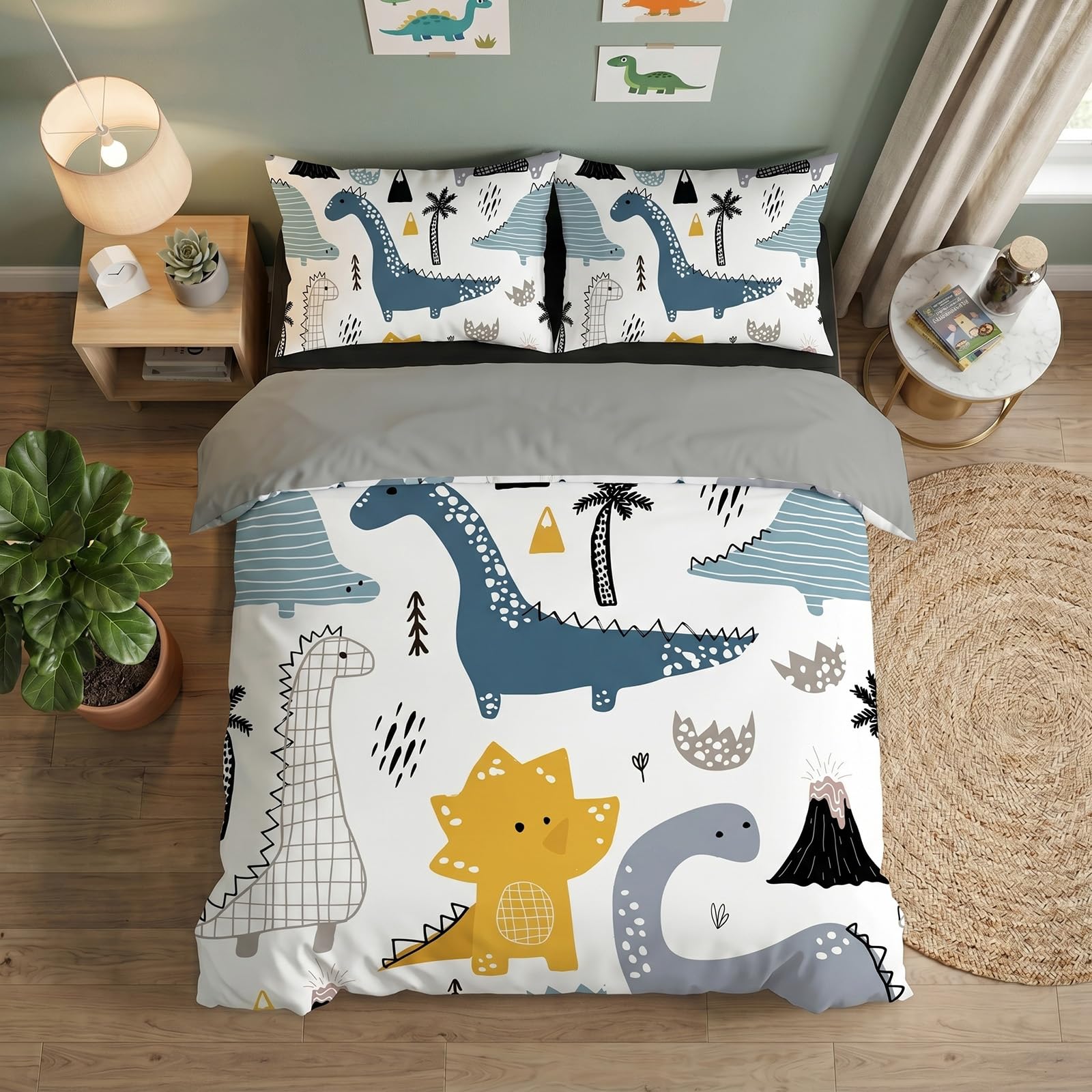 Fundas Nordicas Cama 105 Infantil NiñO Dinosaurio Blanco Juego de Ropa de Cama 200x200 cm Microfibra para NiñOs Adultos - 1 Funda de Edredón y 2 Funda de Almohada 50x75 cm