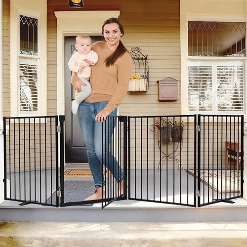 Furggis 104" Extra Wide Dog Gate, Heavy Duty Metal Freestanding Dog Gate with Door for Indoor & Outdoor, Foldable Pet Fence for Doorways,House,Porch,Deck,Yard,Stairs, Auto Close(4 Panels,Black)