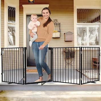 104" Extra Wide Dog Gate, Heavy Duty Metal Freestanding Dog Gate with Door for Indoor & Outdoor, Foldable Pet Fence for Doorways,House,Porch,Deck,Yard,Stairs, Auto Close4 Panels,Black