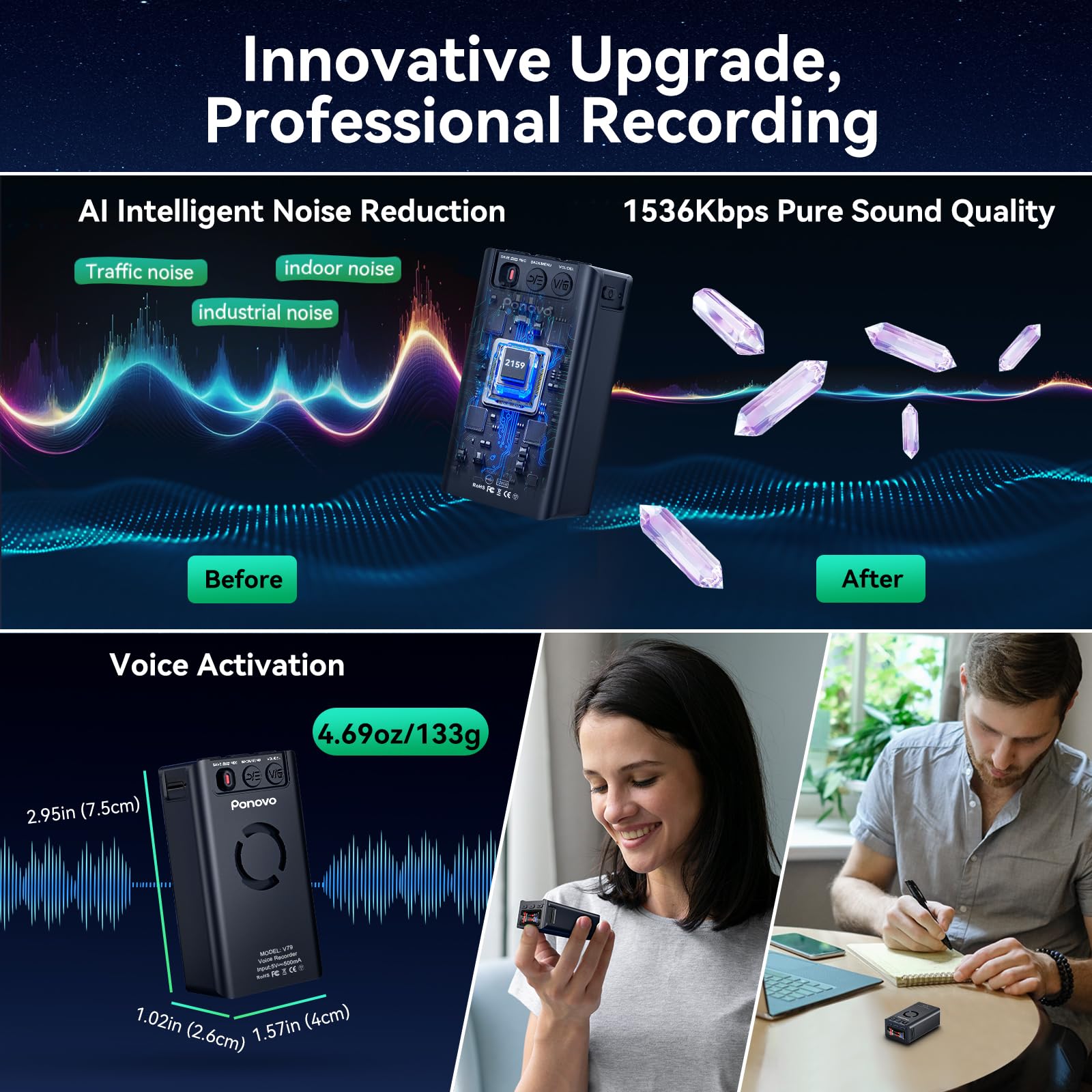 Registratore vocale magnetico da 64 GB 45 giorni Registrazione continua, Ponovo attivazione vocale registratore digitale con clip, 6000 mAh intelligente riduzione del rumore registratori portatili con