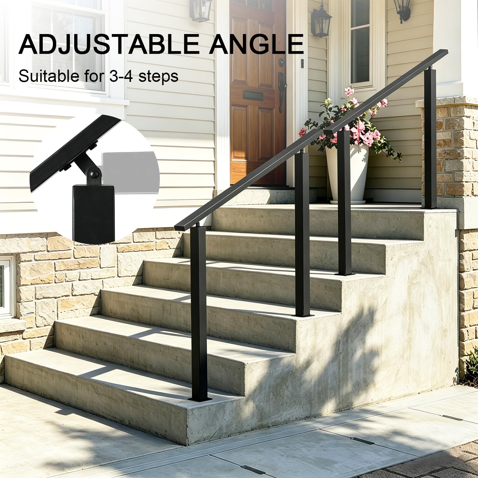 Pasamanos Escalera, Tubo Cuadrado Negro, Barandilla Escalera Exteriores con Ajuste De áNgulo Flexible, Pasamanos De Hierro Forjado para 2-3 Escalones, Interior Exterior (Negro)