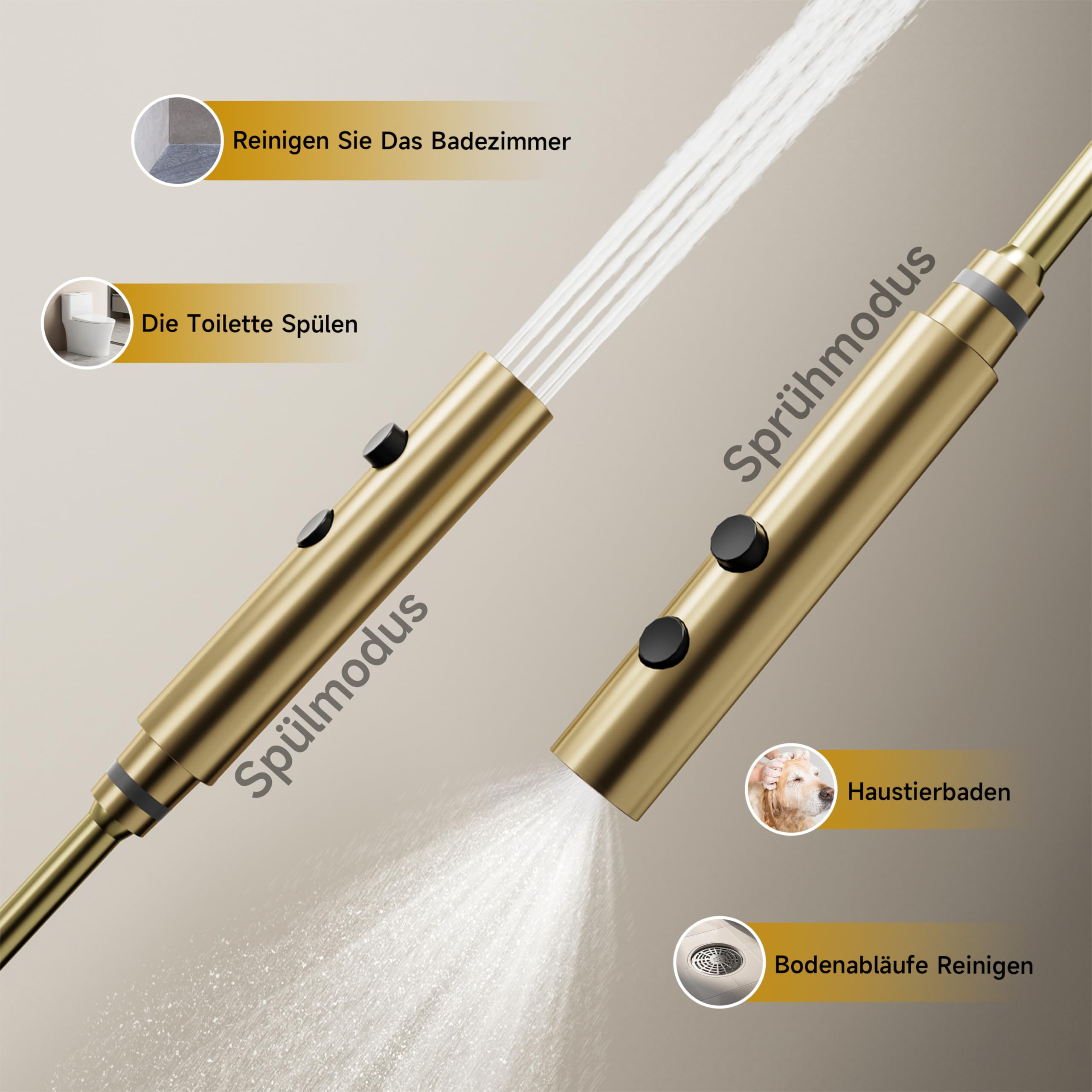 Duschsystem Gebürstetes Gold, 4-Funktionen-Duschset mit Thermostat | Ausgestattet mit einer 350 × 220 mm großen Kopfbrause, einer Handbrause, einer Sprühpistole und einem unteren Wasserauslass
