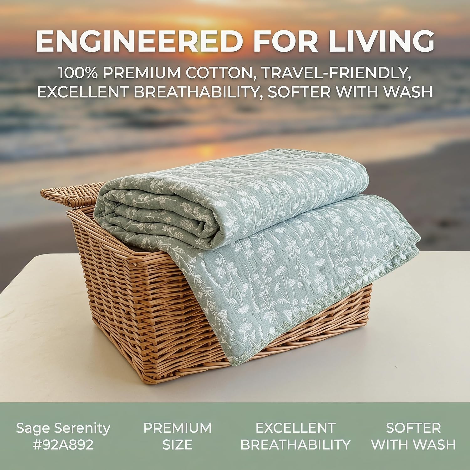 100% Cotton Muslin Blanket King Size 3-Layer Gauze Breathable Cooling Blanket for Adults Lightweight Quilted Blanket for Summer, Soft Cover for Bed Couch All Season (Branch, King 90 X 104 in)