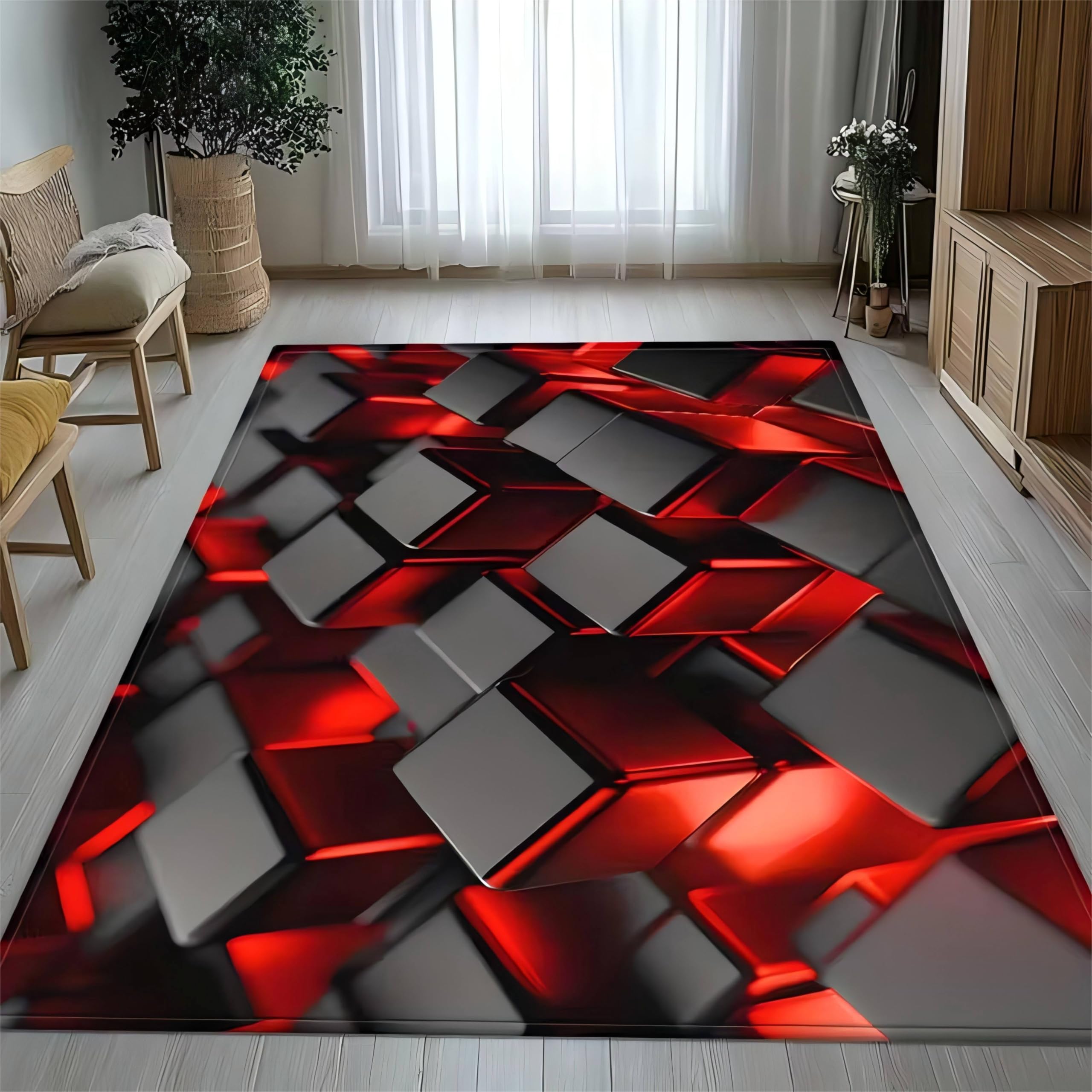 USHIRUG 3D Illusion Area Rugs, 160x200cm Abstract Geometric Hexagonal Grid Non-Slip And Washable Rugs, Cool Black and Red Grid Soft Durable Mats for Living Room, Bedroom, and Dining Room