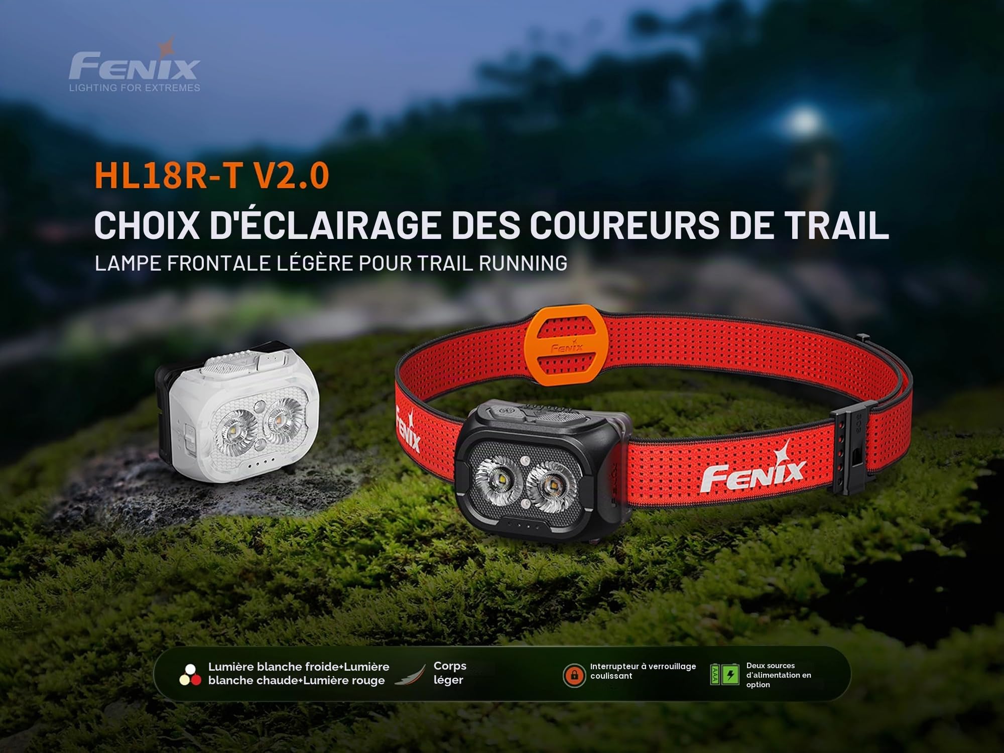 FENIX HL18R-T V2.0 Lampe frontale rechargeable pour trail/extérieur | 800 lumens | 125 m | 160 heures maximum | Double faisceau primaire – Blanc froid et chaud | Faisceau rouge 5 lm | Bandeau Sport