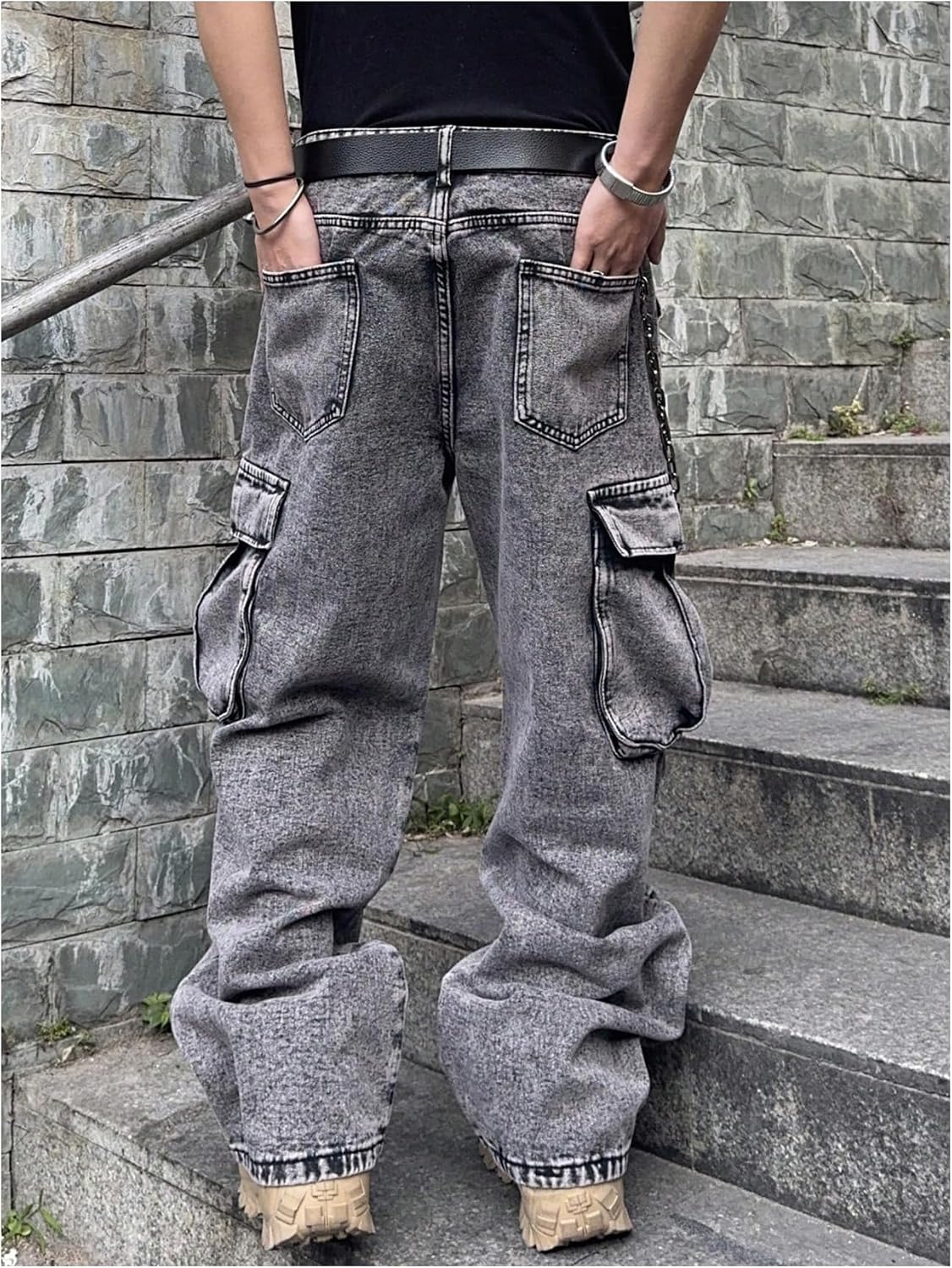 SOLY HUX Men's Cargo Jeans Streetwear Vintage Wide Leg Baggy Denim Pants with Pockets
