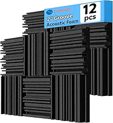 TroyStudio Painéis de espuma acústica grossa, 30,5 x 30,5 x 5 cm, 12 peças de espuma absorvente de som de banda larga, azulejo de enchimento denso à prova de som, absorvente de espuma de estúdio de gravação, painel de teto de parede 3D decorativo Groove