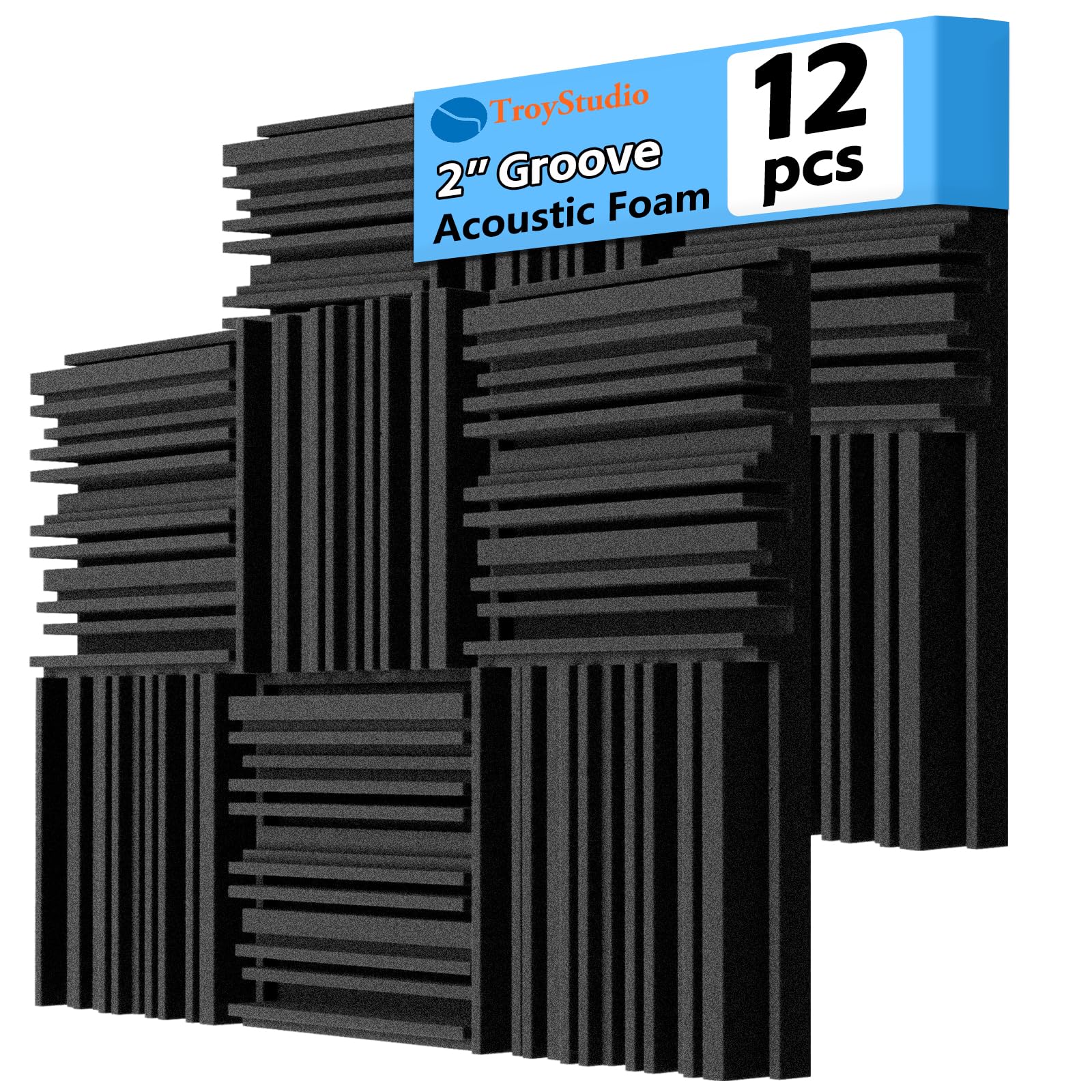TroyStudio Thick Acoustic Foam Panels, 12 X 12 X 2 Inch 12 Pcs Broadband Sound Absorbing Foam, Dense Soundproof Padding Tile, Recording Studio Foam Absorber, Groove Decorative 3D Wall Ceiling Panel