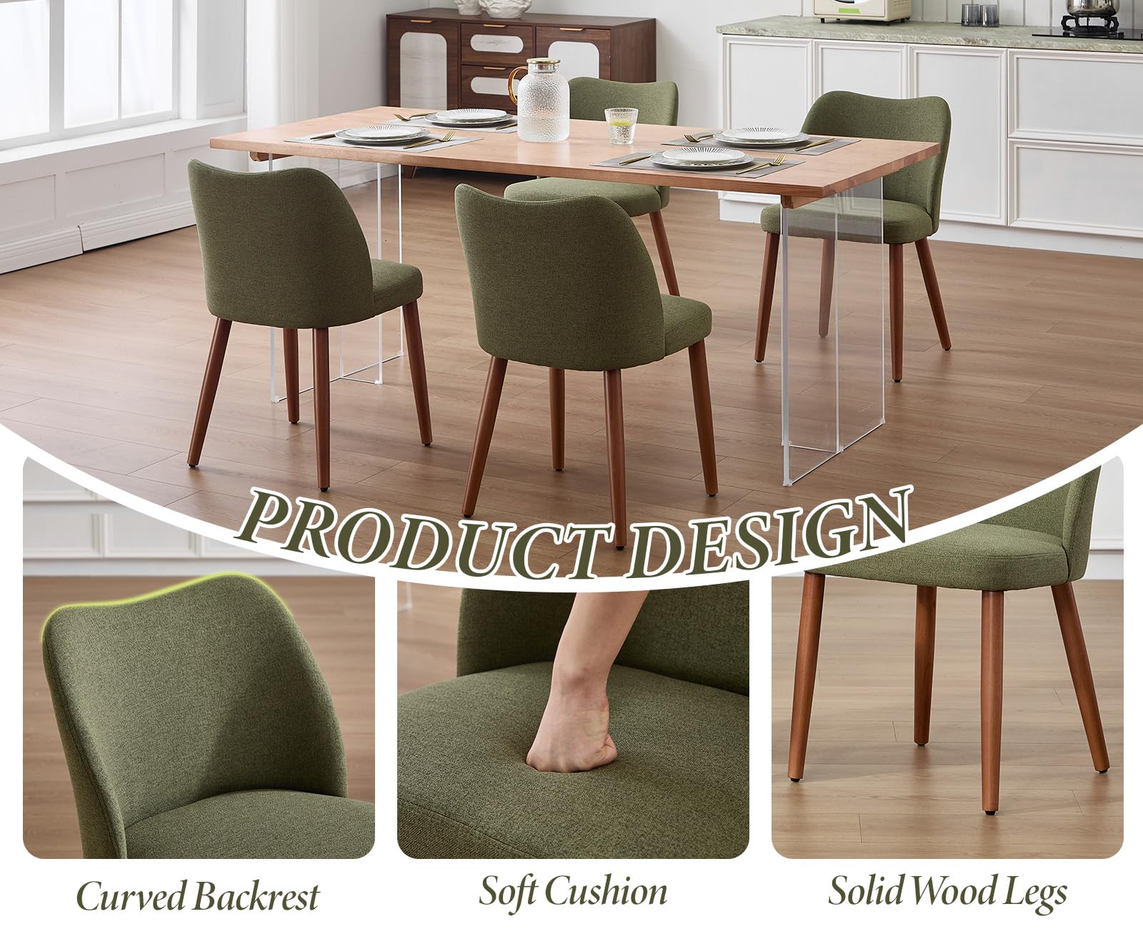 chairus 2 PZ Sedie da Pranzo in Tessuto di Lino con Gambe in Legno, Verde | Sedia Cucina con Schienale Curvo Sedia Imbottita Sedie Moderna per Sala da Pranzo/Soggiorno/Ristorante