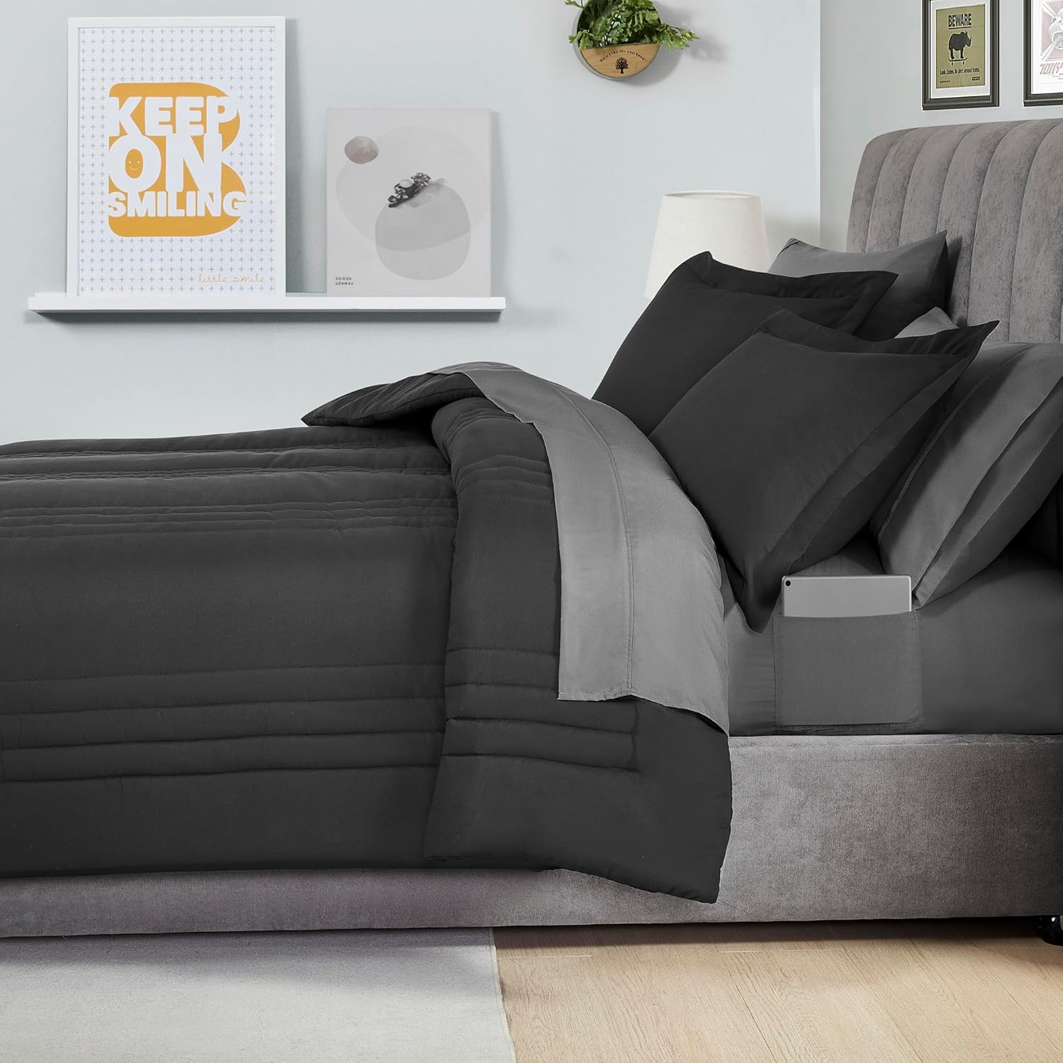 Full Size Comforter Set Quilted Stripe Bedding Bundle – Stylish Set with Comforter, Mattress Protector, Sheet Set & Pillow Shams — Sophisticated Striped Design for Home & Guest Rooms, Black/Charcoal