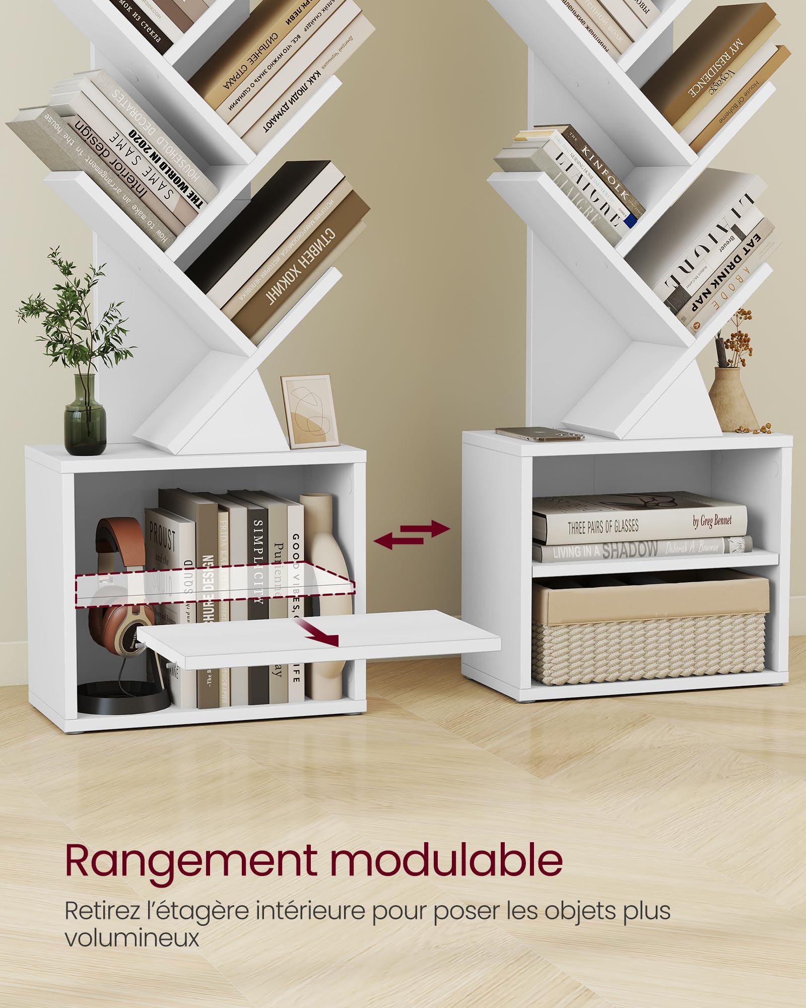 VASAGLE Custos Collection - Bibliothèque Arbre, Bibliothèque Moderne sur Pied, pour Chambre, Salon, Bureau, avec 2 Compartiments, 20,3 x 38 x 123,2 cm, Blanc Nuage LBC607WB01