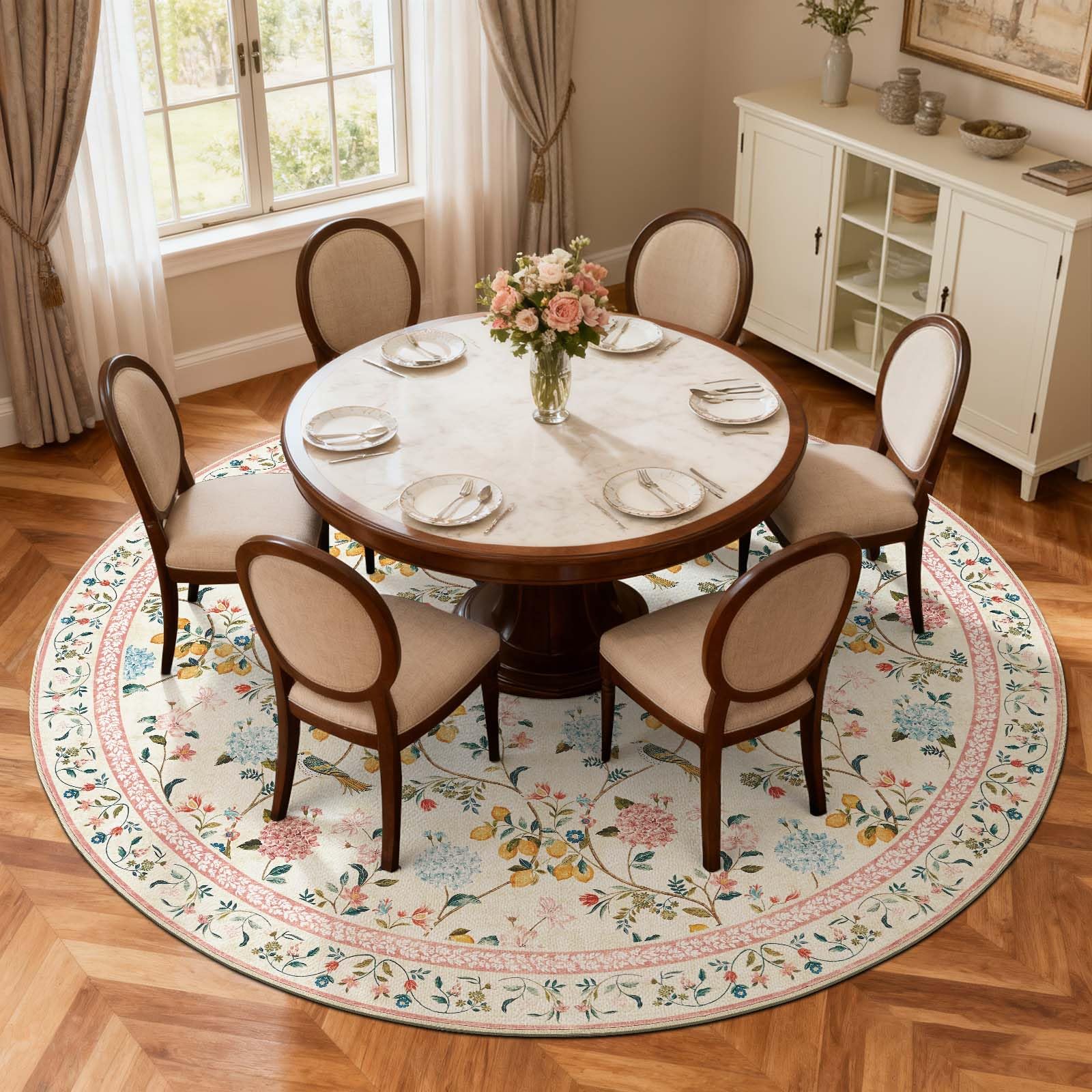 Round Rug 8ft, Floral Washable Carpet Non Slip Indoor, Chinoiserie Flower Large Area Rugs Circle Low Pile, Stain Restistant Carpets for Living Room Bedroom Dining Room, Beige/Pink