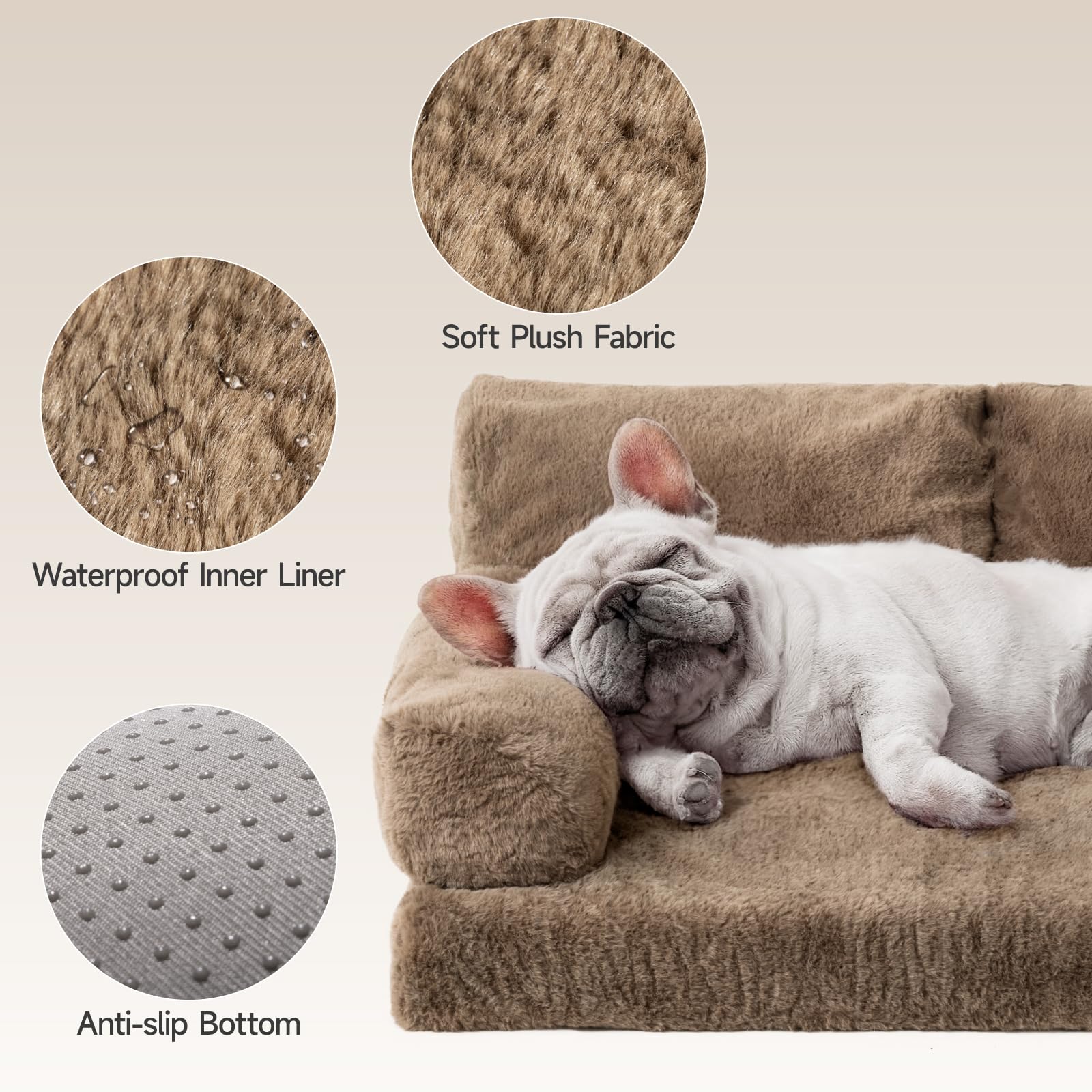 MEWOOFUN Sofá cama ortopédica para perros, tamaño mediano, impermeable, funda de felpa antiansiedad para cachorros, 90 x 65 x 30 cm (marrón, L)