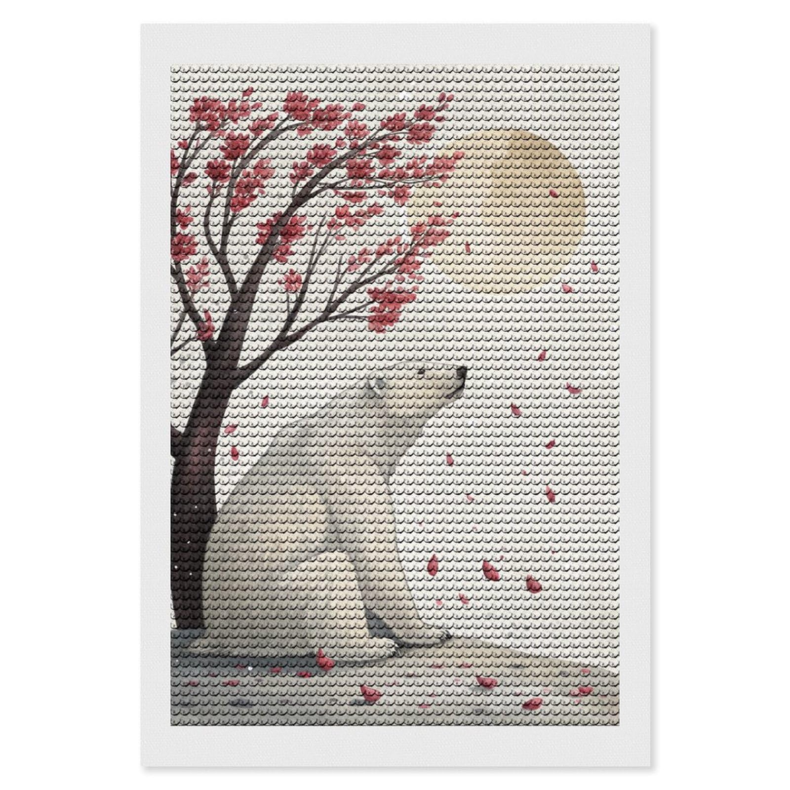 Junmoney Polar Bear Under Cherry Blossoms Diamond Art Kit 8"x12", for Beginners, Vintage Style Decor, Good for Quiet Evenings, Festive Craft Gift