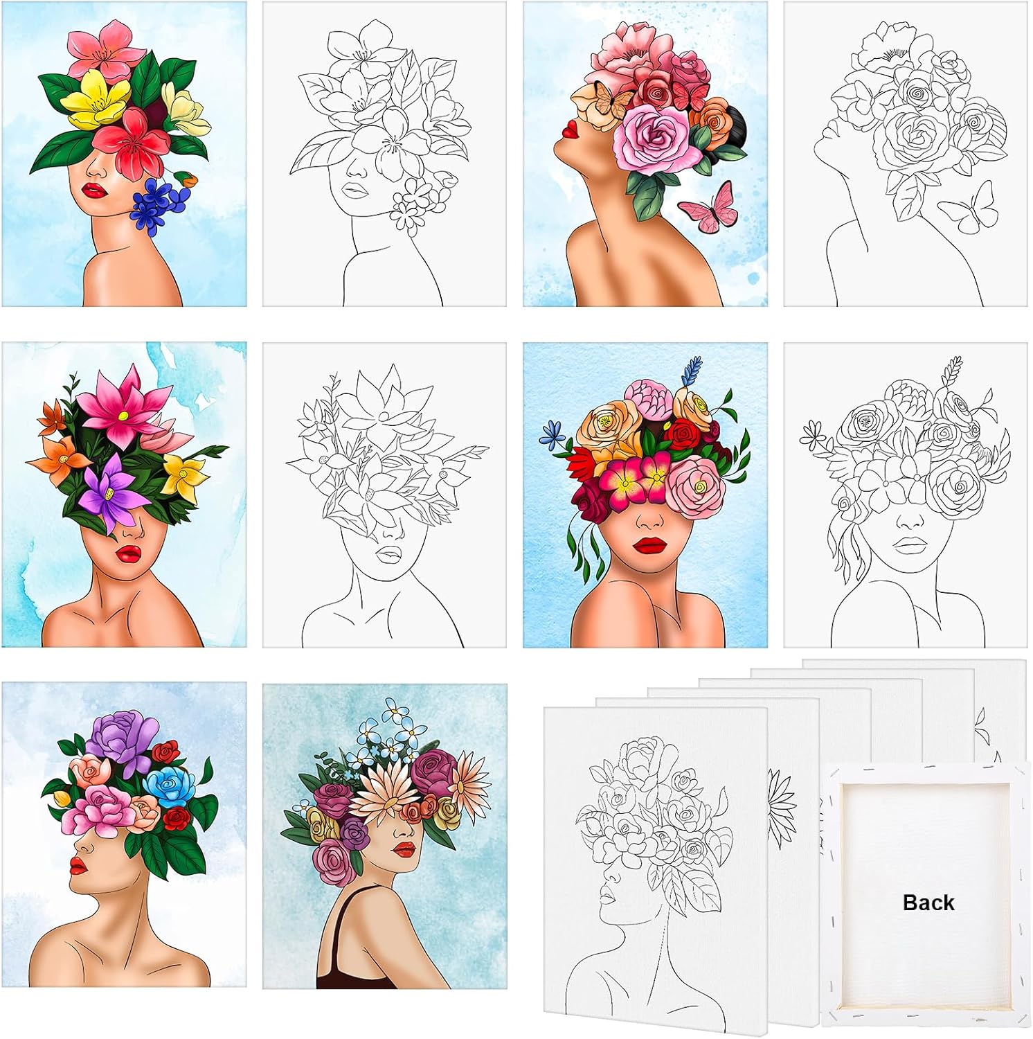 COCHIE 6 Pack 8x10 Inches Flower Girls Pre Drawn Canvas to Paint for Sip and Paint Party, Pre Printed Framed Canvases Set, Floral Girl Pre Sketched Canvas for Painting for Adults Kids