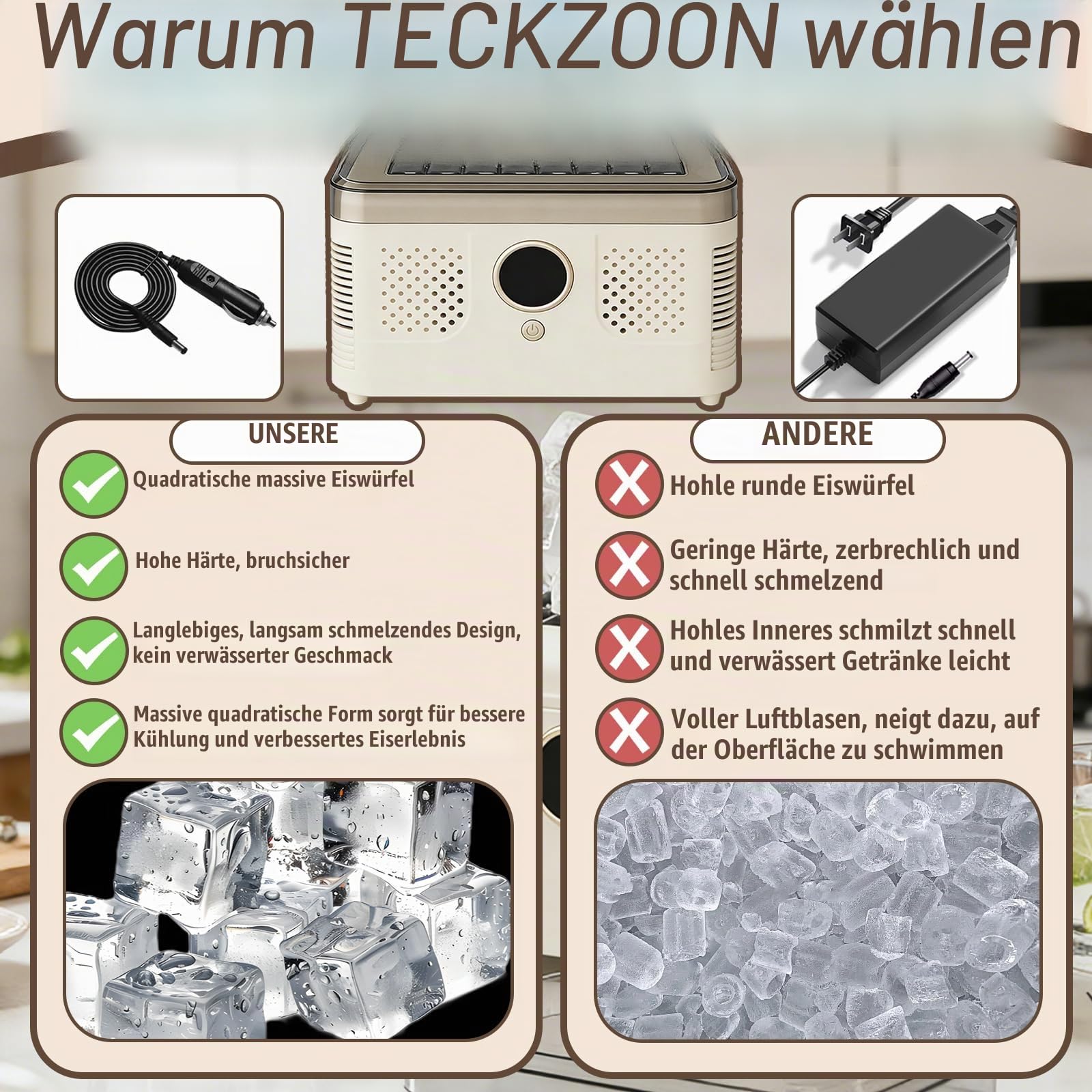 Tragbare Eiswürfelmaschine, 16 Eiswürfel Tisch Eisbereiter, Schnell in 15–20 Min, Hohl- & Volleis wählbar, 12V/220V für Auto & Zuhause, Kompakte Eismaschine für Reisen, Camping & Partys