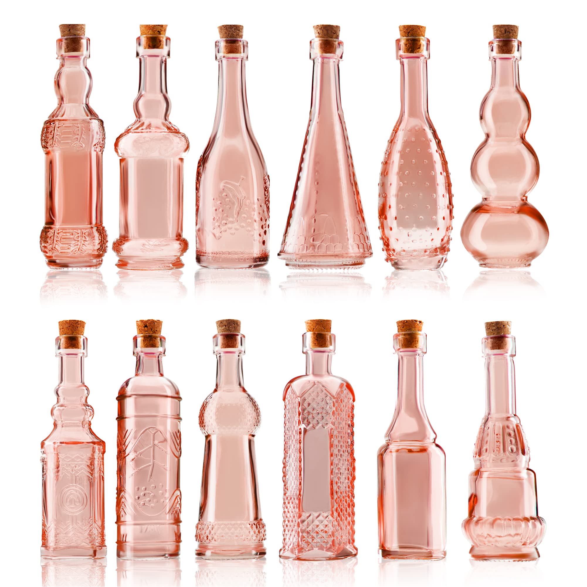 Photo 1 of *missing 2* BULK PARADISE Small MIni Reddish Vintage Glass Bottles with Corks, MIni Vases, Decorative, Potion, Assorted Design Set of 12 pcs, 4.6 Inch Tall (11.43cm), 1.4 Inch Wide (3.56cm)