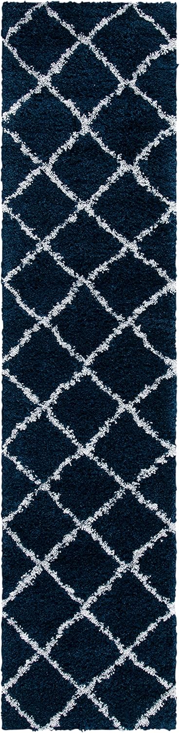 SAFAVIEH August Shag Collection Runner Rug - 2'2" x 9', Navy & Ivory, Trellis Design, Non-Shedding & Easy Care, 1.25-inch Thick Ideal for High Traffic Areas in Living Room, Bedroom (AUG501B)