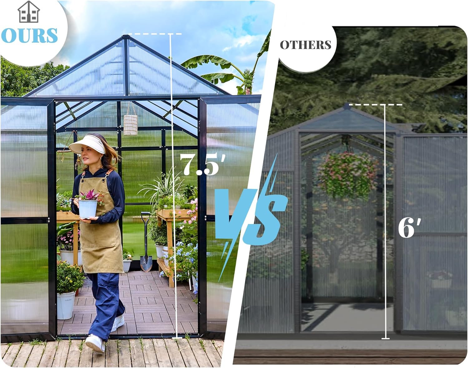 Jocisland 8x12x7.5 FT Greenhouse - Outdoor Aluminum Polycarbonate Greenhouse with Ventilation and Rain Gutter, 4 Swing Doors with Hook, Walk in Greenhouse for Outdoors Backyard Garden, Black