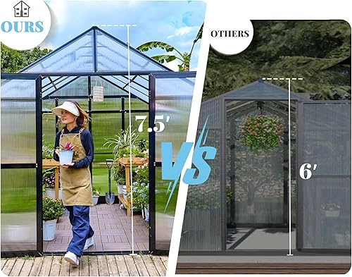 Miniatura 5 de Jocisland Invernadero de policarbonato de aluminio para exteriores de 8 x 16 x 7.5 pies, con ventilación y canalón de lluvia, 2 puertas batientes