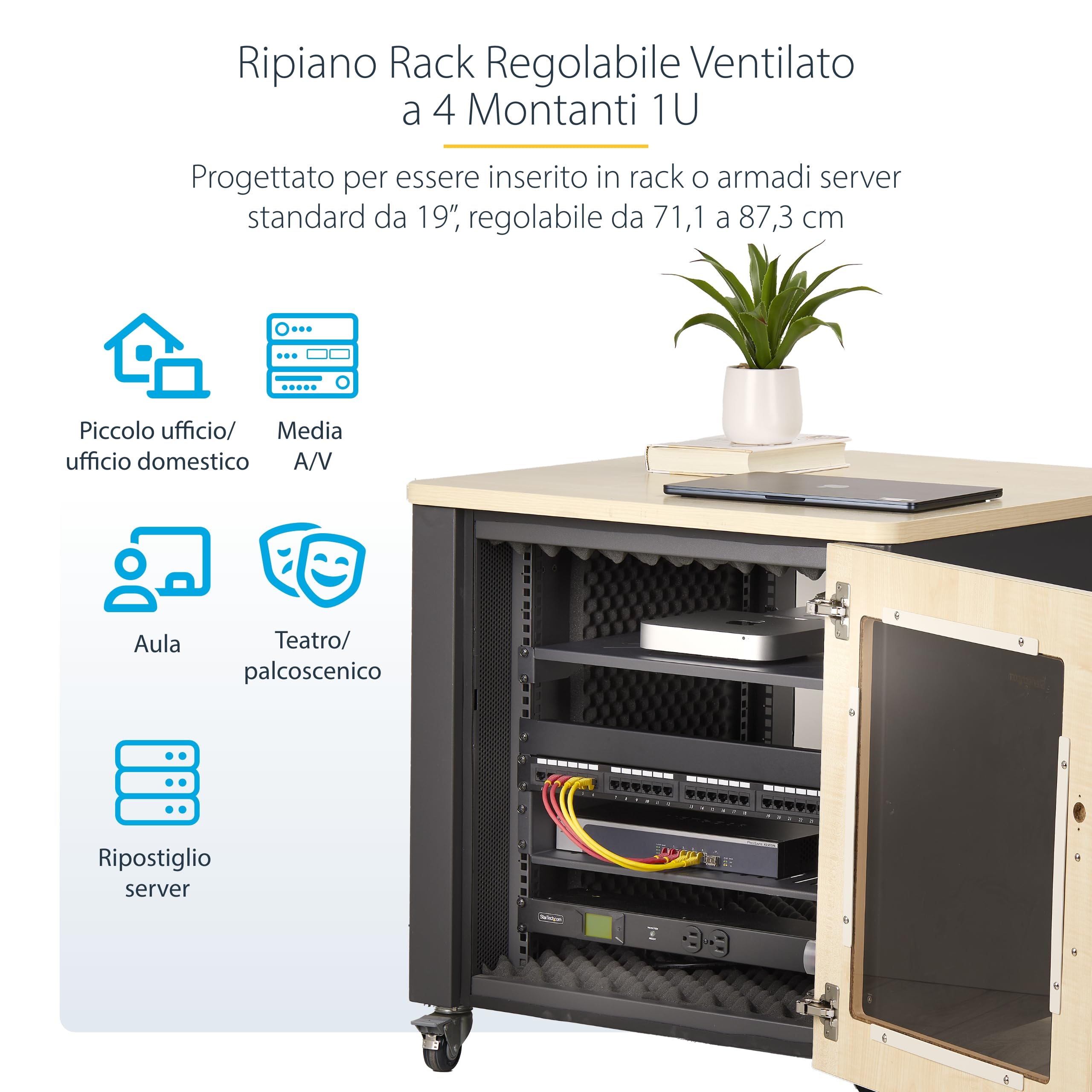 StarTech.com Ripiano Rack 19" 1U Ventilato, Mensola Regolabile (71,1-87,3cm) in Acciaio per Armadio Rack a 4 Montanti. Max 68kg