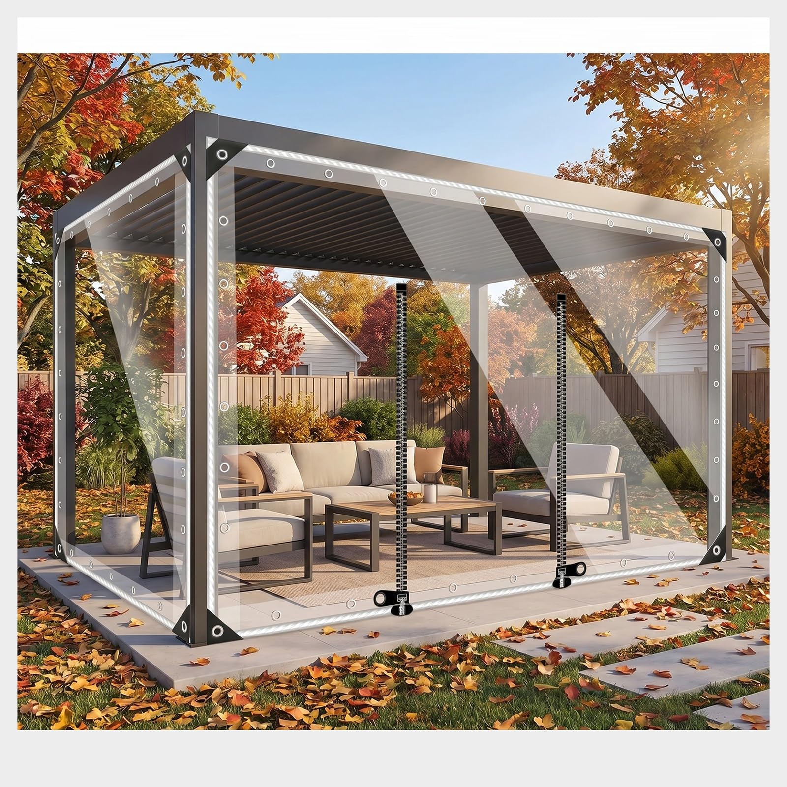 Waterproof Clear Tarp Curtains With Zipper, & Reinforced Eyelets - Heavy Duty PVC Waterproof Sheet for Outdoor Rain Covers, Pergola, Balcony, Greenhouse, Storage(H2.4xW4.5m/H7.8xW14.7ft)