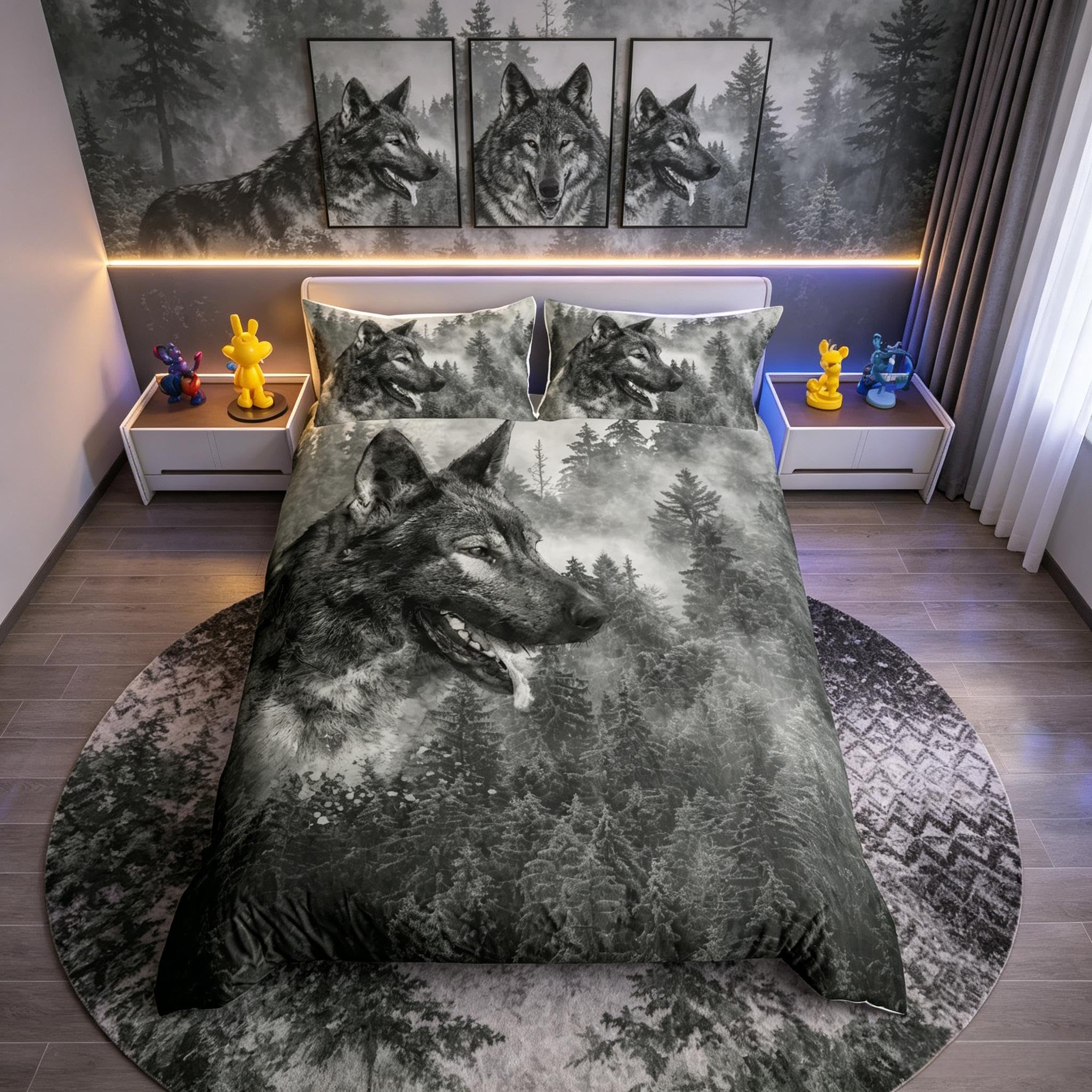Loussiesd Wild Wolf Comforter Cover Safari Animal Bedding Set Cool Wildlife Style Duvet Cover for Children Kids Boys Girls Tree Nature Gray Bedspread Cover Room Decor Bedclothes Junior/Cot Bed Size
