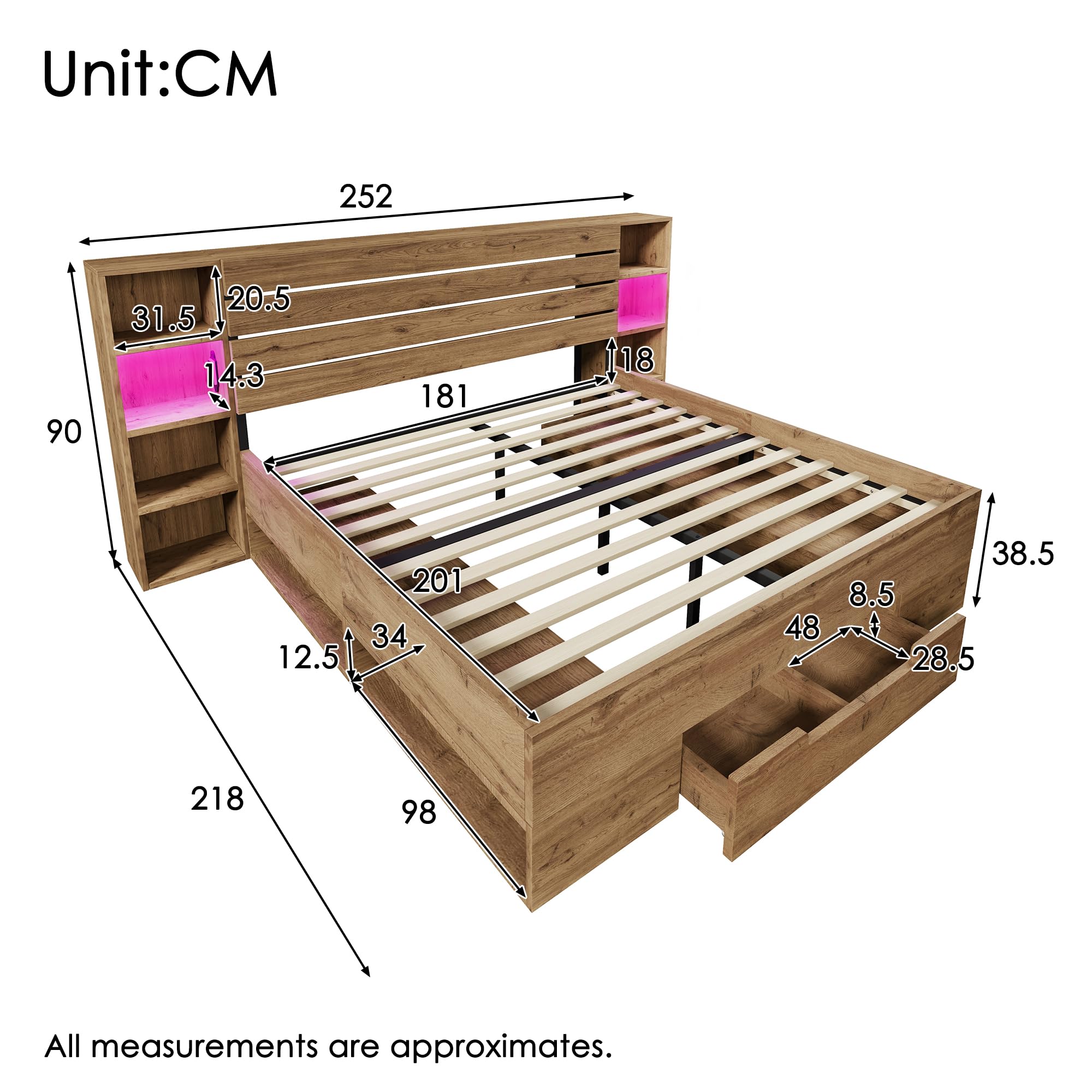 Massivholzbett 180x200 cm, Doppelbett mit Stauraum, LED-Beleuchtung & USB-C, Bett mit Kopfteil und Schubladen, Bettgestell mit Lattenrost aus Holz, Eiche, ohne Matratze