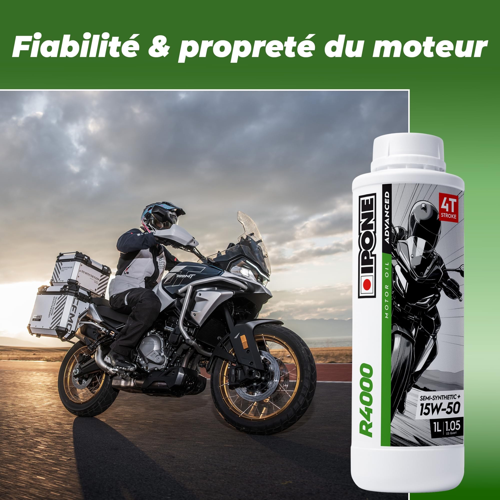 IPONE – Huile Moteur Moto 4 Temps 15W50 R4000 – Bidon 4 Litres - Semi-Synthétique+ - Gamme Advanced - Protection durable du moteur - Durée de vie de l'huile prolongée - Propreté du moteur garantie