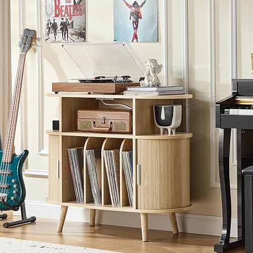 Miniatura 5 de LELELINKY Soporte redondo grande para tocadiscos con estación de carga y estante de exhibición estriado, gabinete giratorio moderno de mediados de