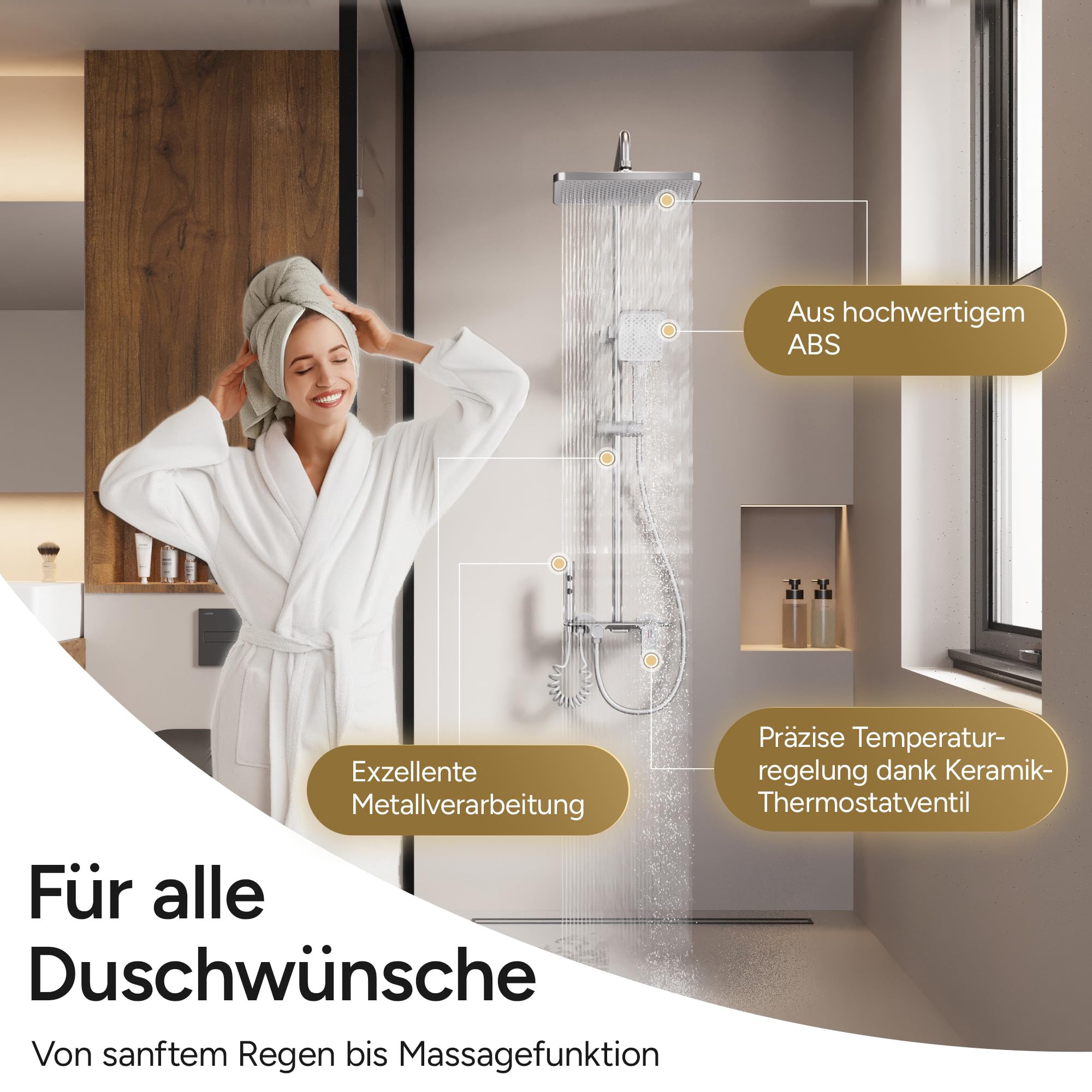 AquaNoble Aufputz Duschsystem mit Thermostat & Ablage – Duscharmatur Komplettset mit Regendusche, 3-Funktionen Handbrause, Wanneneinlauf/Wasserfall & Reinigungspistole, EasyClean Anti-Kalk, chrom