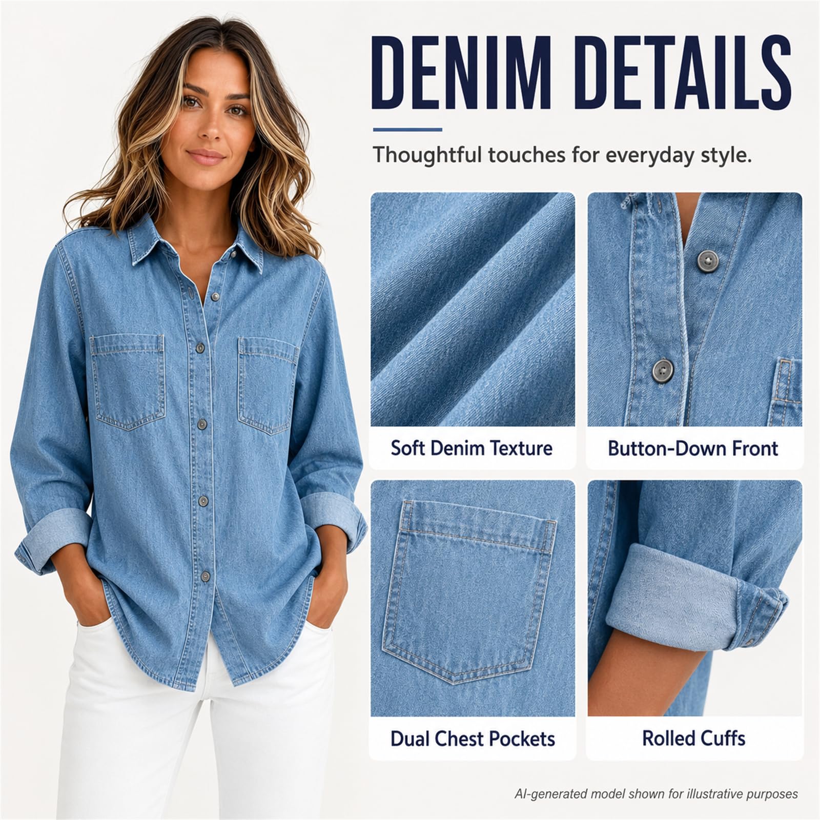 Camicia in jeans da donna, oversize, a maniche lunghe, con bottoni, con due tasche sul petto | Morbido denim con vestibilità oversize, abbottonatura continua e due tasche sul petto per una comoda stratificazione