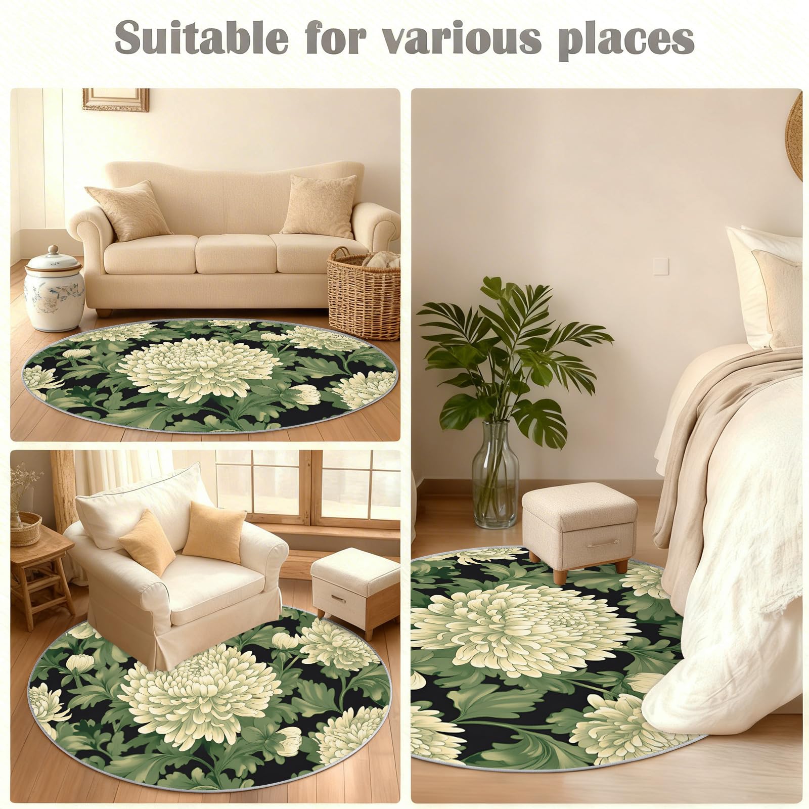 Tapis rond motif chrysanthème sauge, 2 m, crème