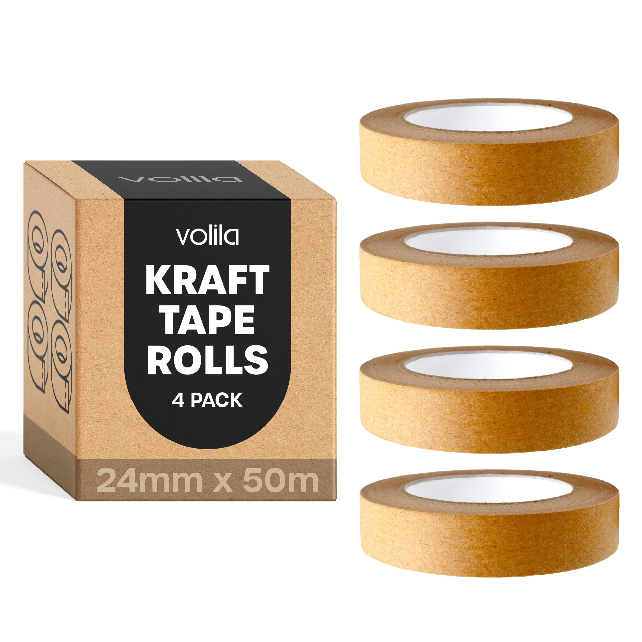 volila Cinta Embalaje Marron - Paquete de 4 Rollos de Kraft Cinta Embalar para Cajas de Mudanza, Cinta para Enmarcar y Empacar Paquetes - Papel Kraft con Adhesivo Fuerte (24mm x 50m)