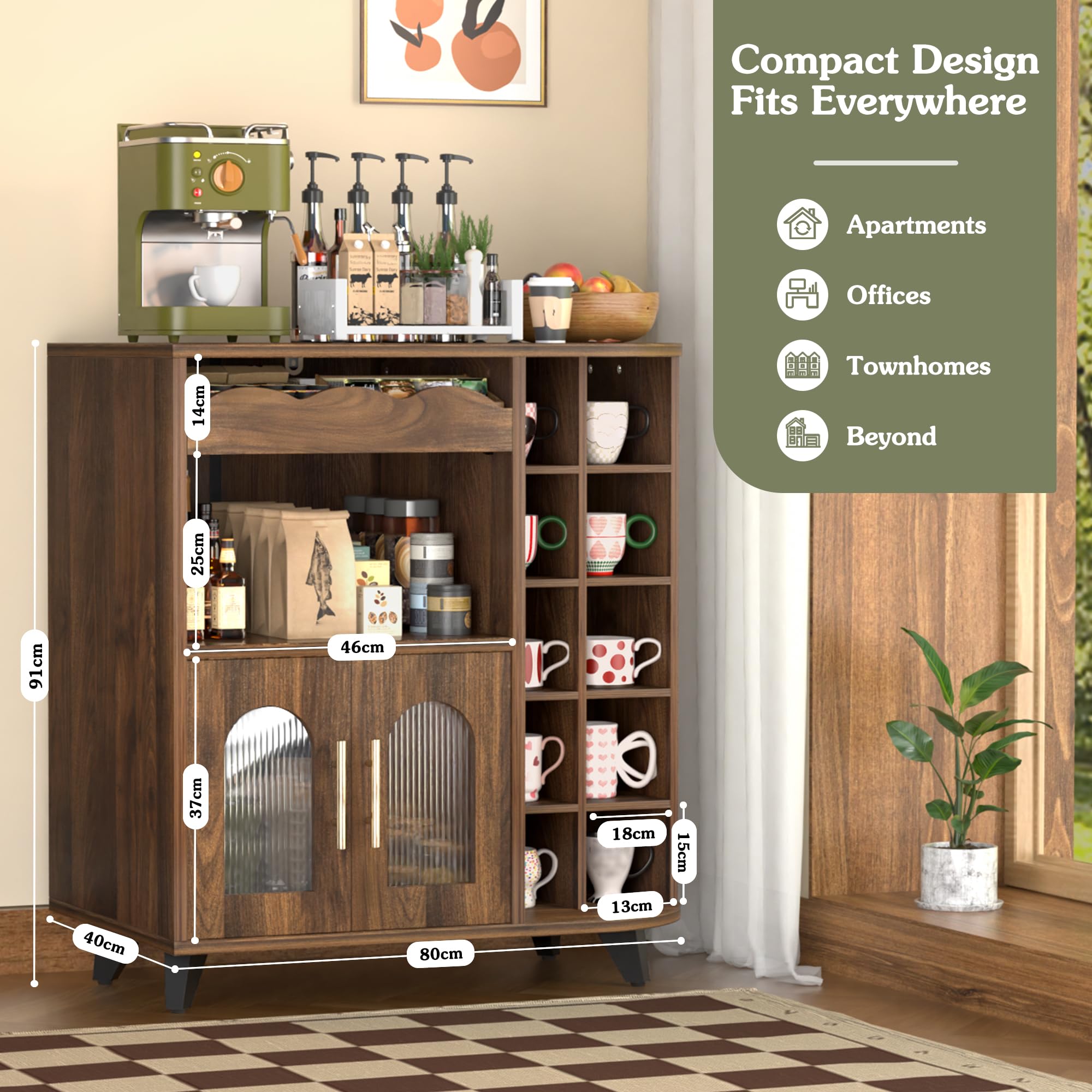 Küchenschrank, Kaffeeschrank mit Tassenhalter, Kommode mit Türen, Buffetschrank mit Schubladen, Sideboard für Wohnzimmer, Barmöbel, Kaffeebar Möbel, Küchenvitrine, Tassenständer (40x80x91cm)