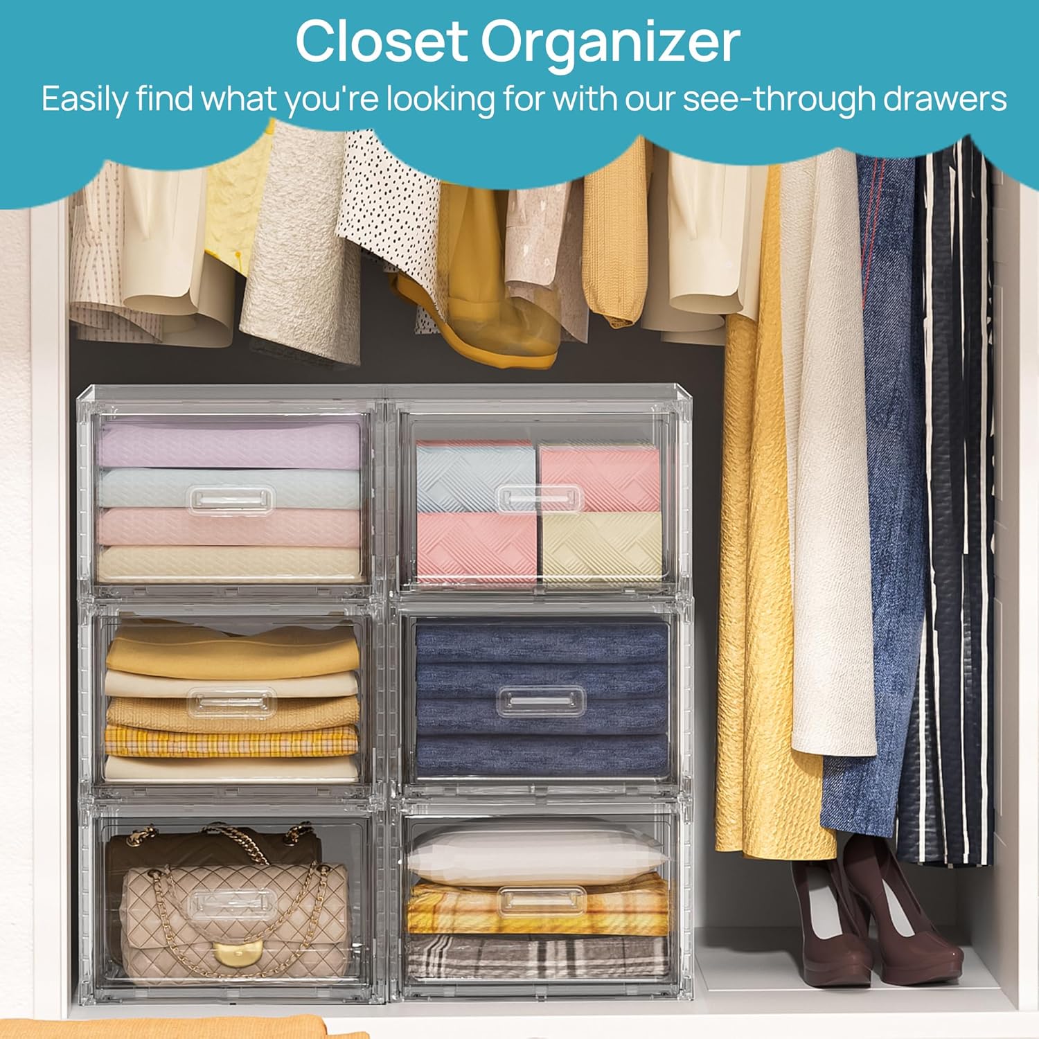 Vtopmart 4 Pack 13QT Clear Stackable Storage Drawers,Easily Assemble Acrylic Closet Organizers,Plastic Storage Bins for Bathroom,Cabinet,Kitchen Pantry,Under Sink Organization