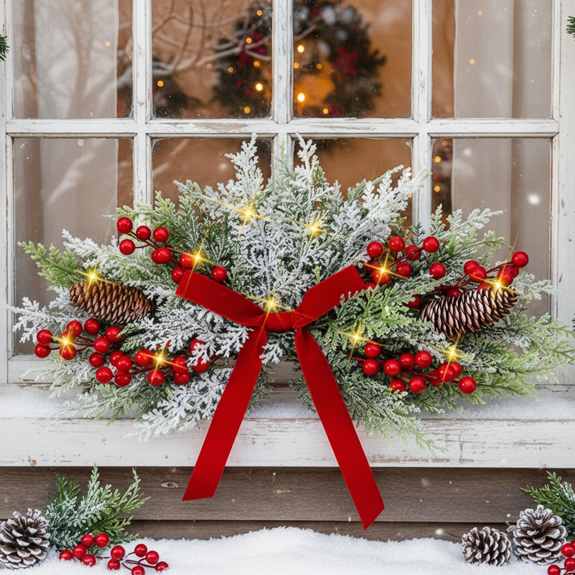 Giegxin Guirlande de Noël artificielle en cèdre givré de 61 cm avec nœud rouge et lumières LED pour porte d'entrée, guirlande de sapin de Noël, couronne de Noël synthétique pour boîte aux lettres