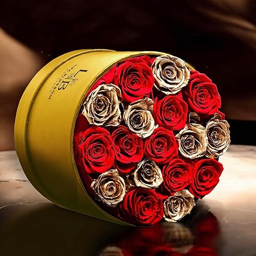 Miniatura 2 de 17 rosas para siempre en una caja, rosas rojas y doradas de lujo para el día de San Valentín, rosas doradas, rosas preservadas, regalos para