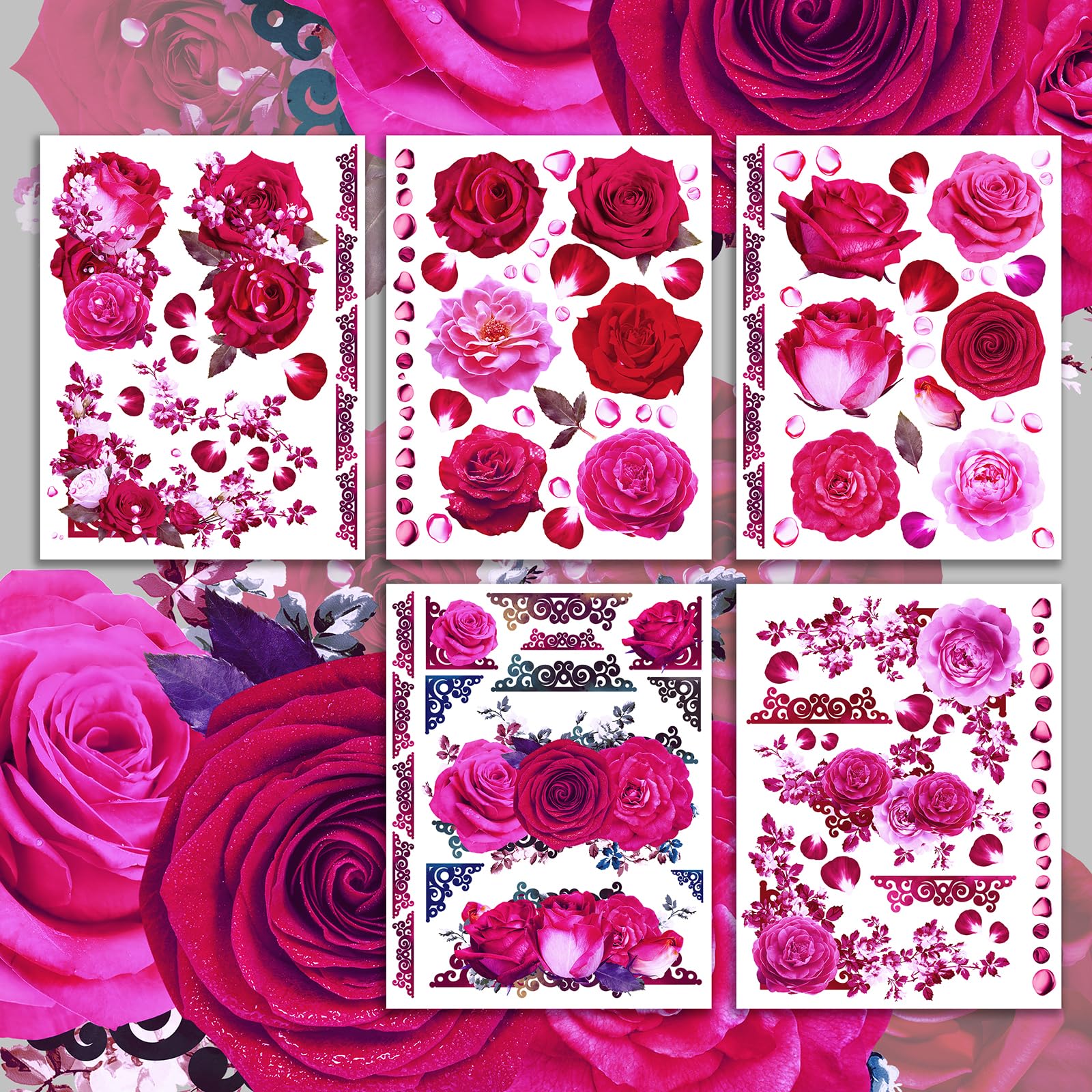 Transparent Decals Pack # Red Pink Purple All Roses HANATABA Vintage Styled Transparent Stickers for Windows Glass Mirrors Real Size Photorealistic