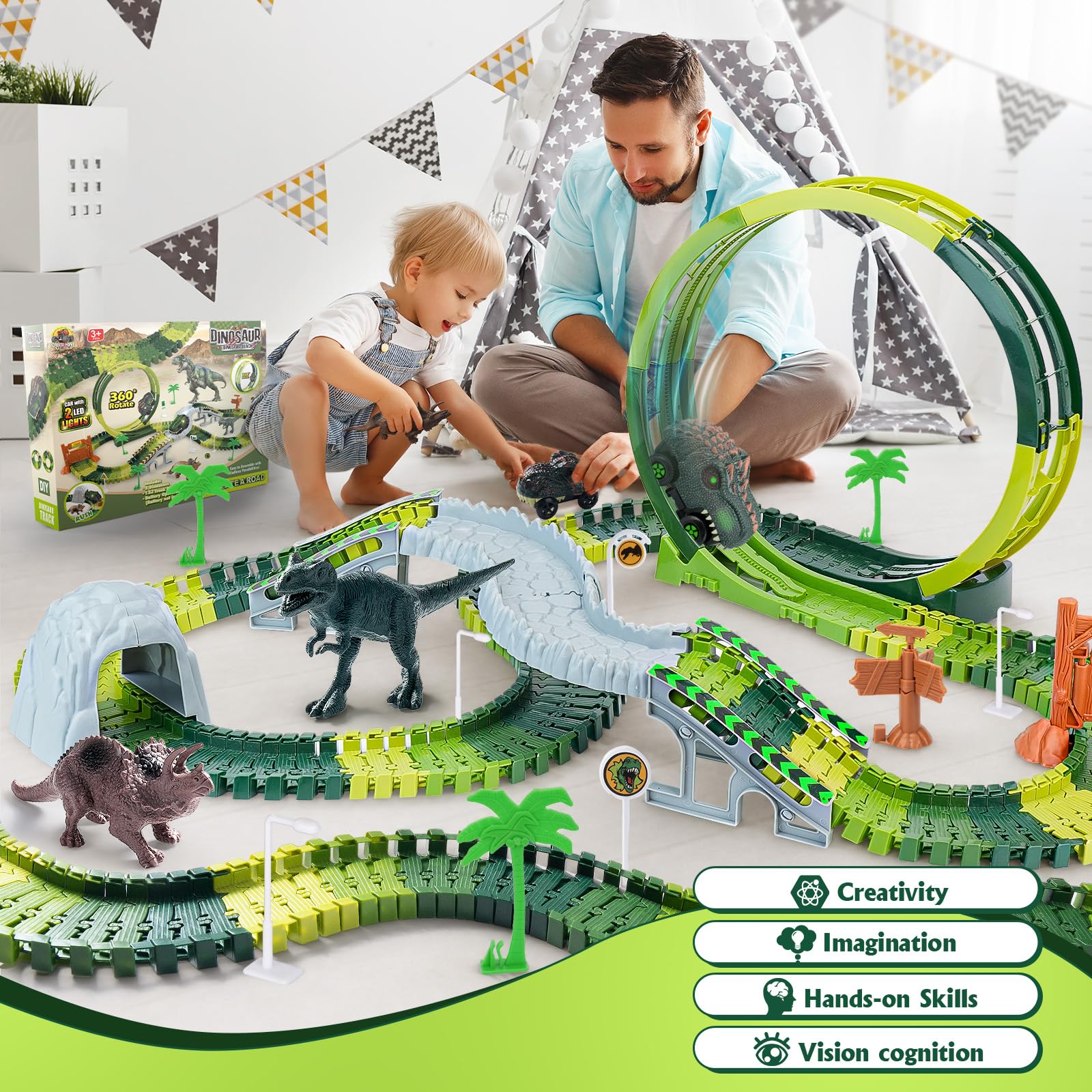 Dinozaury tor samochodowy dla dzieci w wieku od 3, 4, 5, 6 lat, dinozaury, zestaw zabawek dla dzieci, autostrada, pociąg z 2 samochodami, elektryczny tor wyścigowy 360 pętli, tor wyścigowy