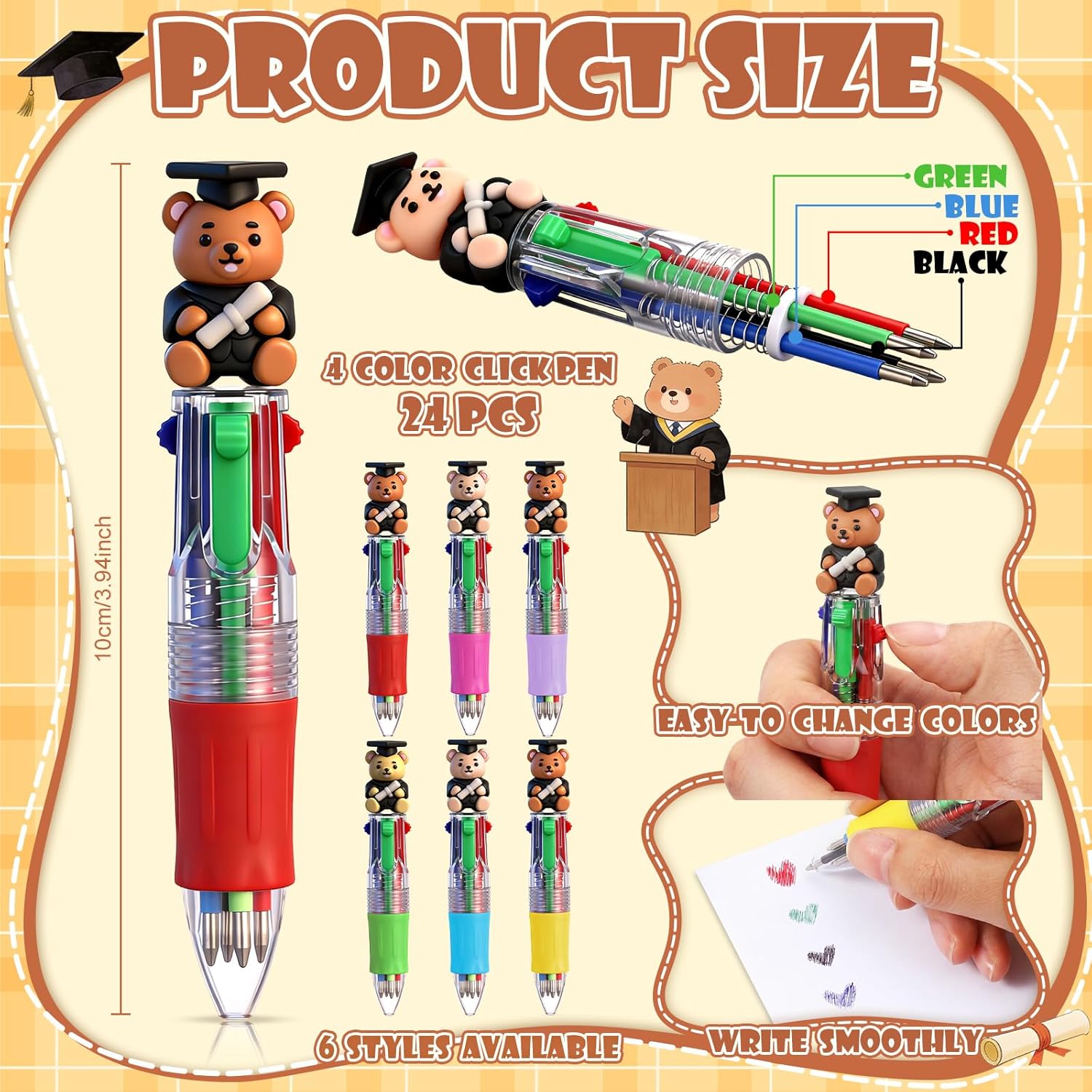 Crtiin 24 Sets Graduation Gifts for Students Bulk, Mini Multicolor 4-in-1 Ballpoint Pens with Inspirational Cards, Graduation Party Favors Exchange Gifts Bulk End of Year(Bear)