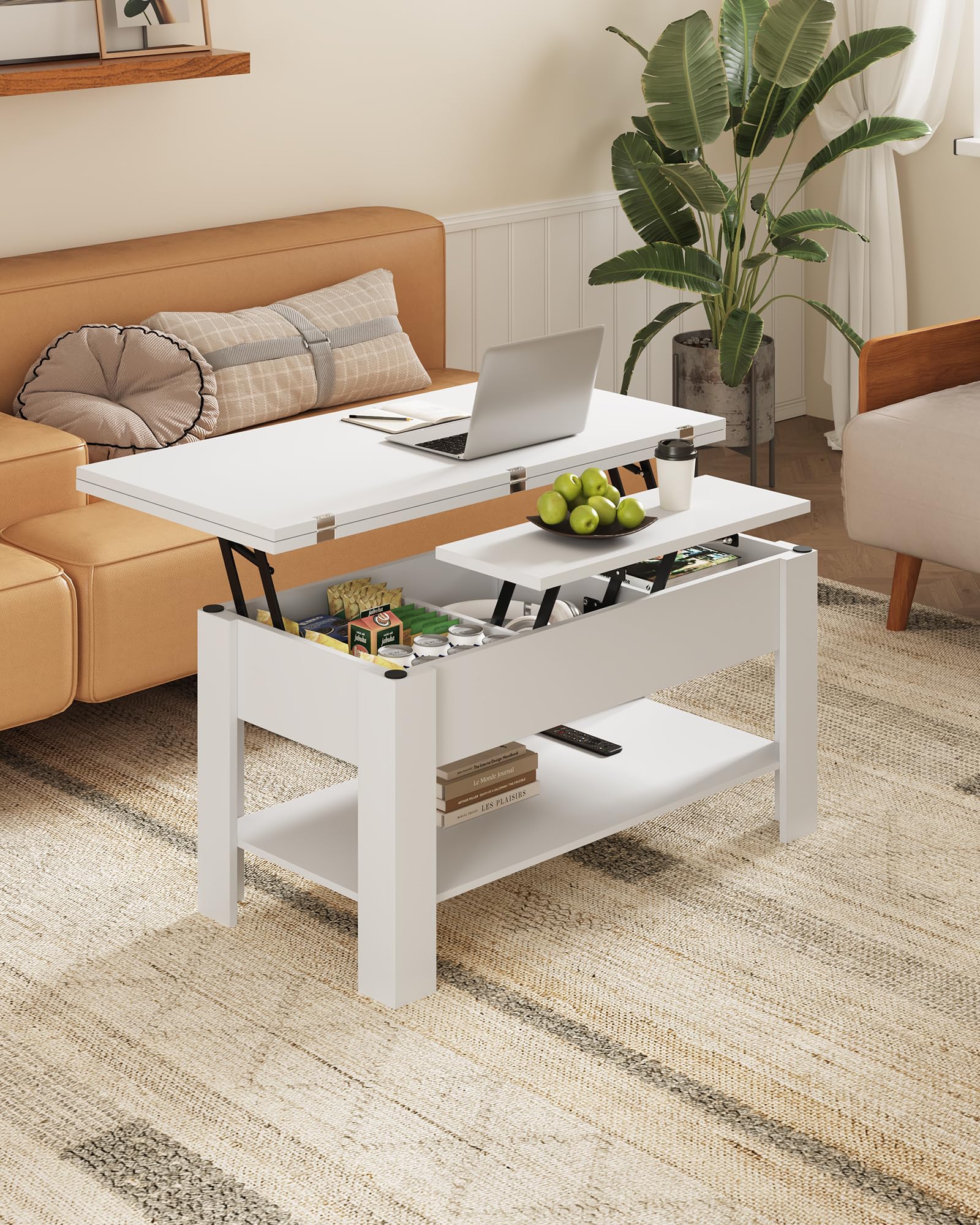 KIMENICH Mesa de Centro Regulable en Altura, Almacenamiento Oculto, 3 en 1, Multifunción, Mesa de Salón, Mesa de Café, Compartimento Abierto, Mesa de Comedor, para Salón, Oficina, Blanco